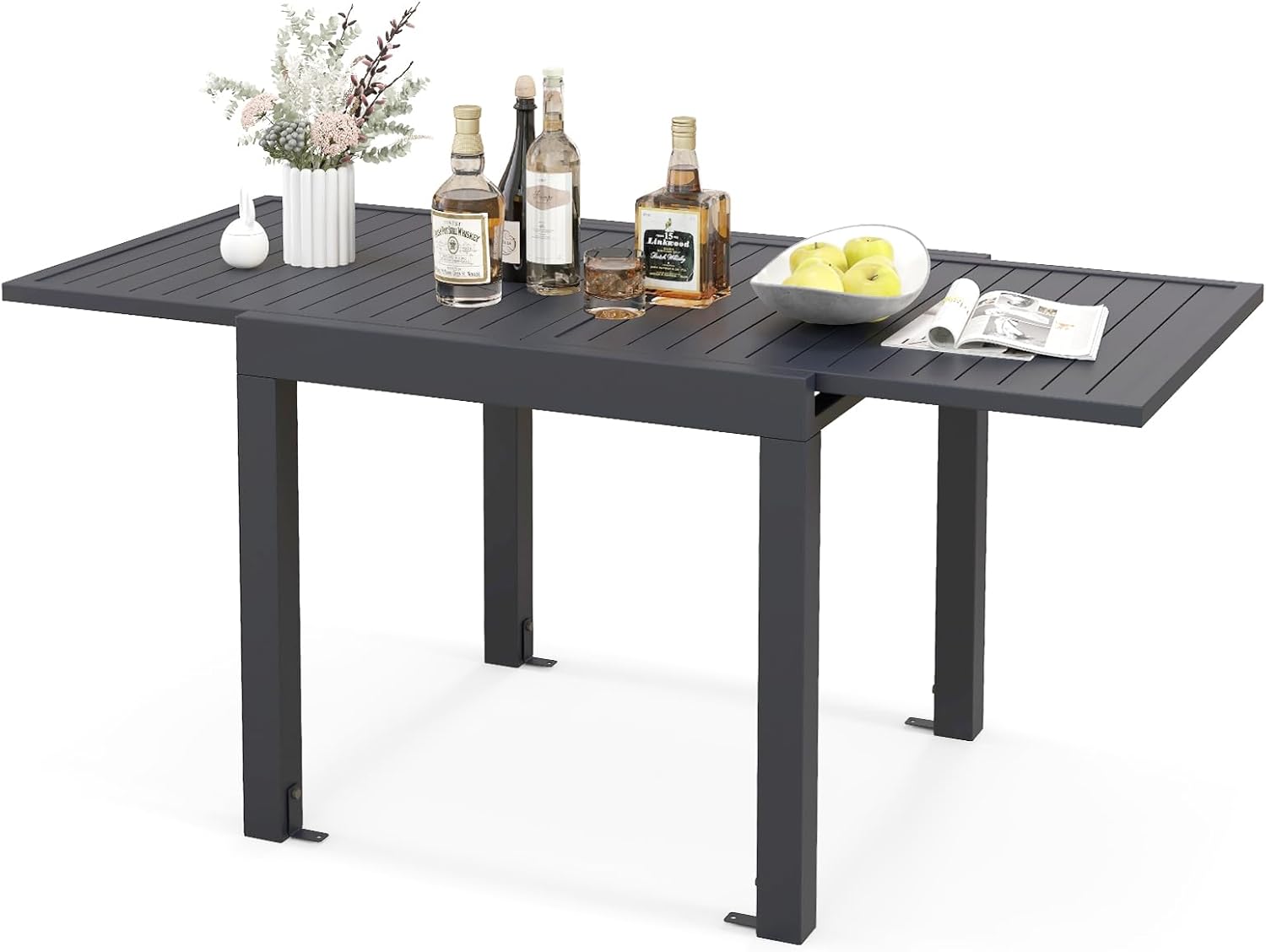 Extensible outdoor dining table, patio table, all-weather aluminum frame, large rectangular lawn backyard garden terrace dining table, suitable for 4 to 6 people, dark gray (dark gray, slatted tabletop)