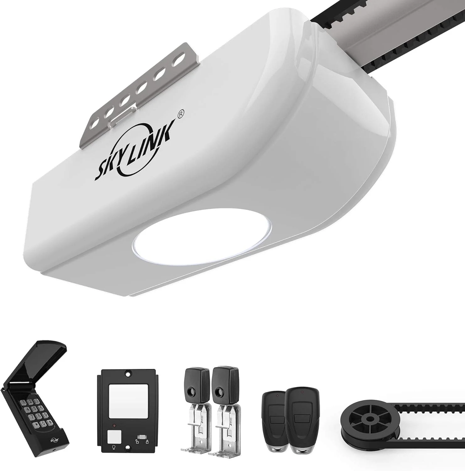 A 3/4 horsepower Haval garage door opener, equipped with Alexa functionality. It features extremely quiet DC motors, belt drive, built-in LED lights, remote control, high-quality LCD wall-mounted control panel, wireless keyboard, and Wi-Fi connectivi