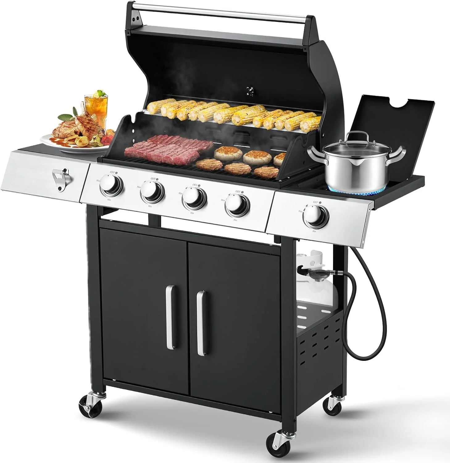 Upgraded 4 Burner BBQ Propane Gas Grill with Cast Iron Grates & Side Stove, 44,000 BTU Stainless Steel Burner Barbecue Grill for Patio, Camping, Outdoor Cooking.