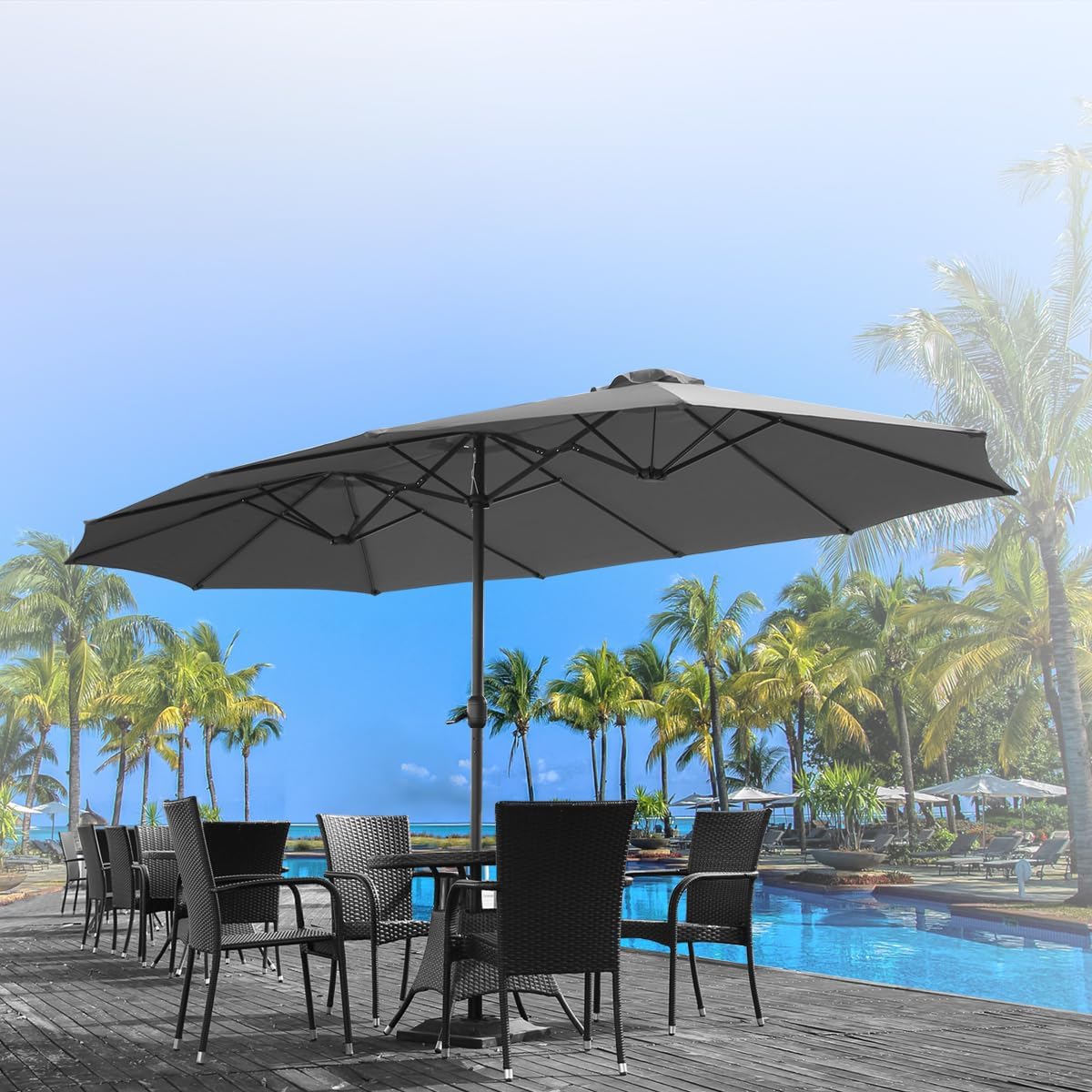 15ft Patio Umbrella with Solar Lights, Large Double Umbrella Outdoor, Rectangle 180''x106'' Umbrellas with 156 PCS LED Lights and Crank Handle for Backyard Deck Pool Shade in Black(1.9