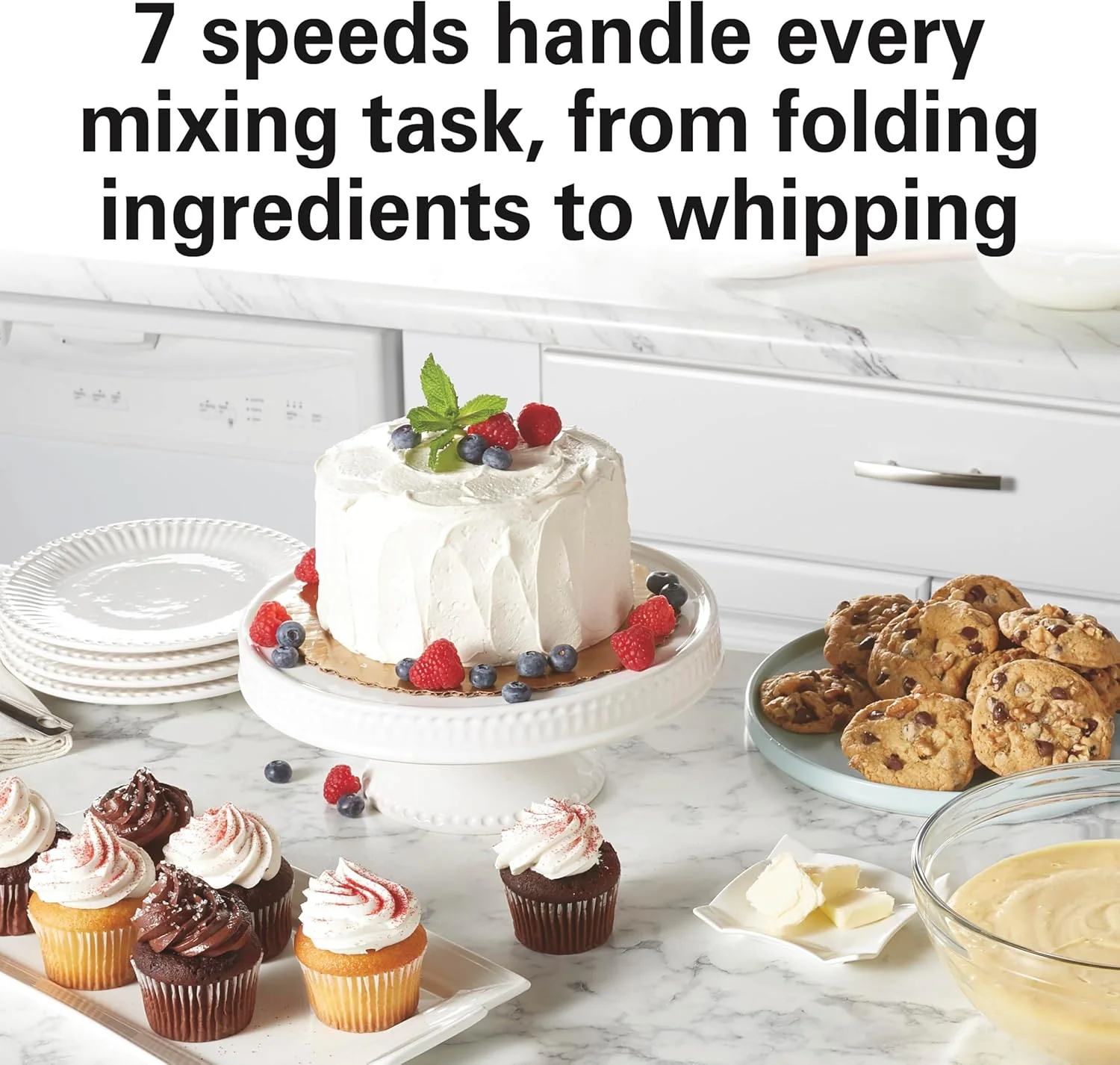 Hamilton Beach Electric Stand Mixer, 4 Quarts, Dough Hook, Flat Beater Attachments, Splash Guard 7 Speeds with Whisk, Black