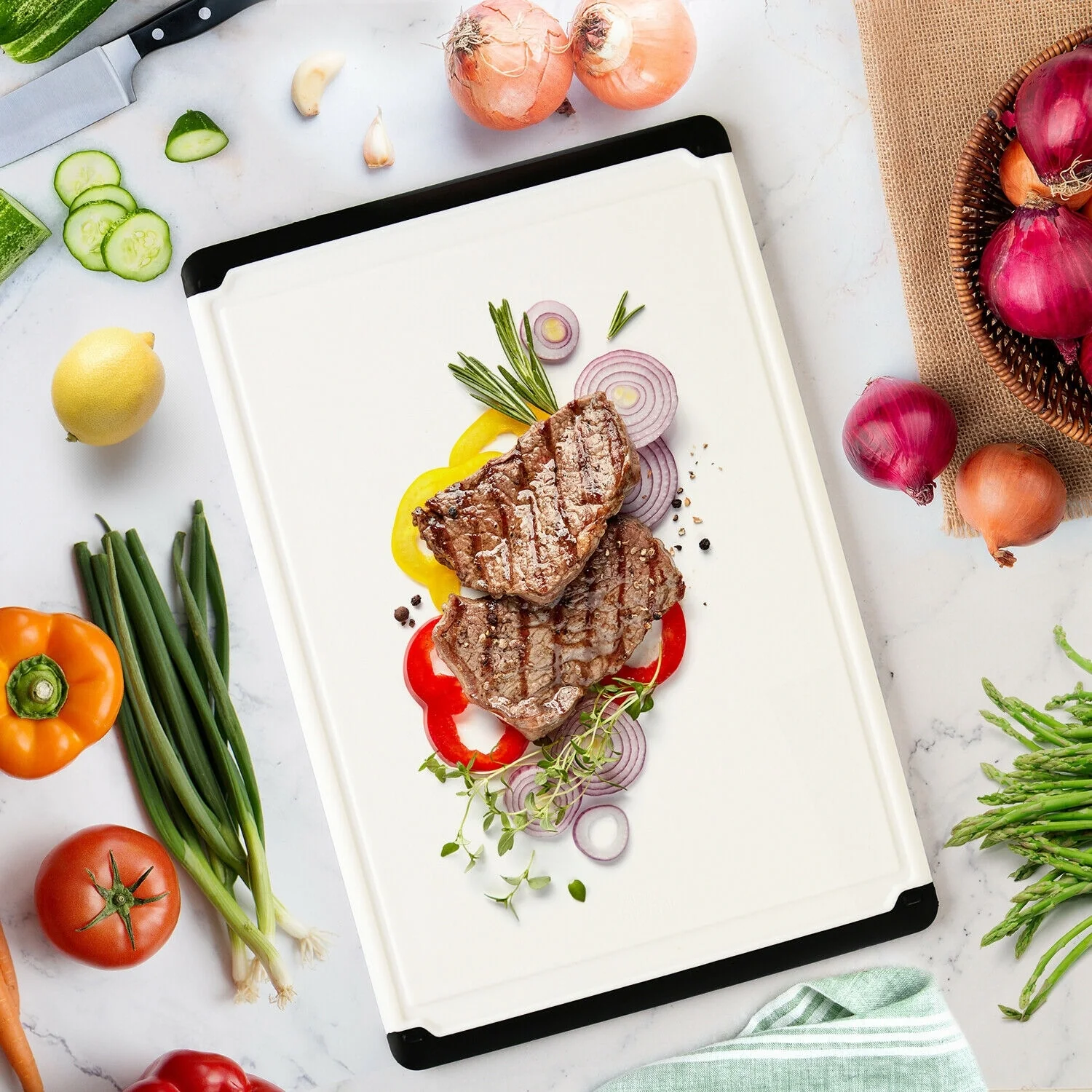 Plastic Cutting Boards - Large 18 x 12 Inch Rubber Cutting Board with Juice Grooves, Non-Slip, Dishwasher Safe Cutting Boards