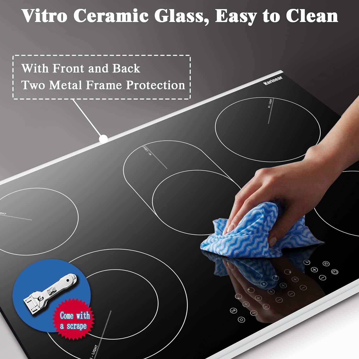 Karinear 8400W 30 Inch Electric Cooktop 5 Burners Ceramic Cooktop, 220-240V, Hard Wire, No Plug