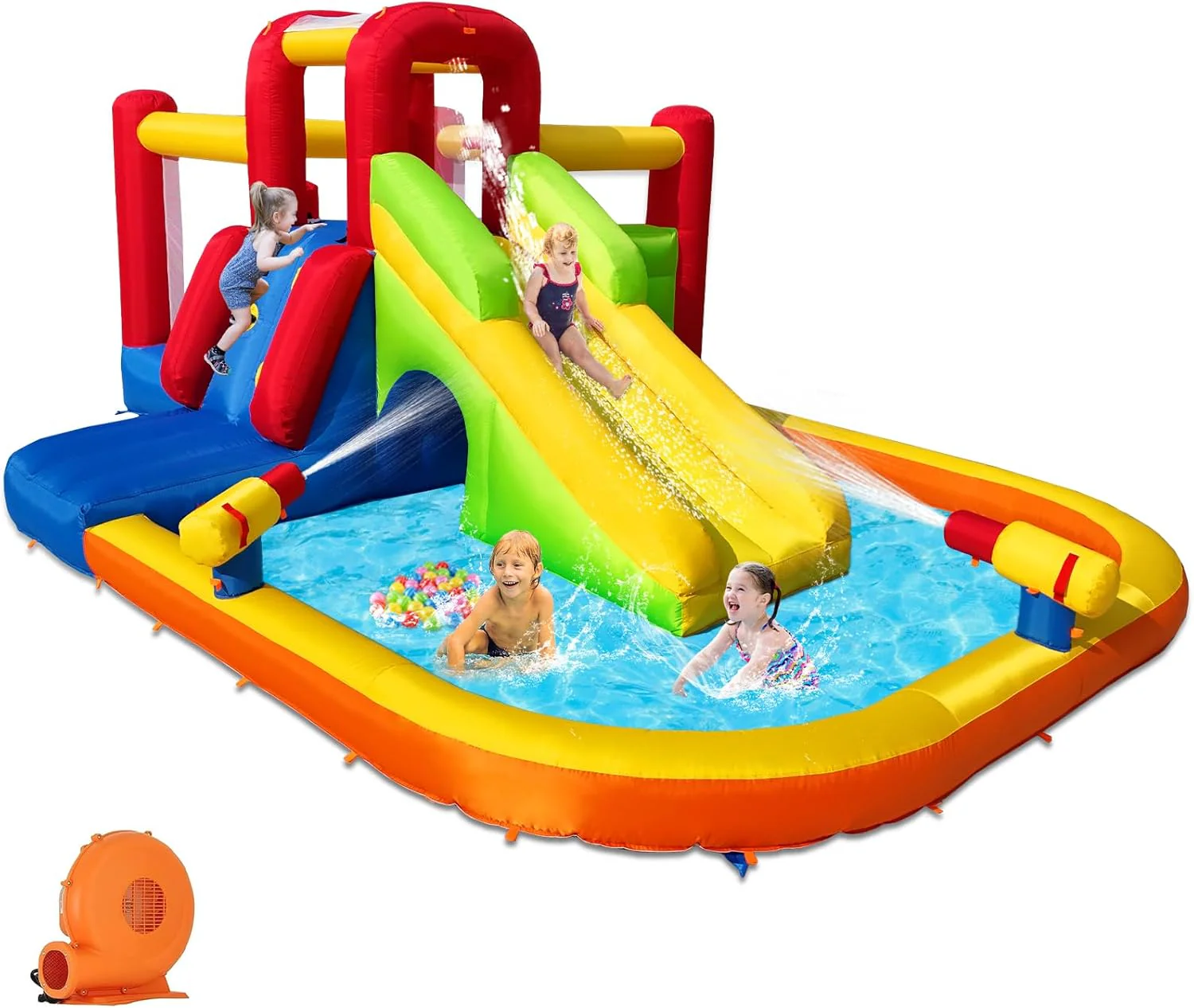 Bounce House Inflatable Water Slide for Kids, Water Park With Splash Pool, Double Cannon, 2 Climbing Walls, Obstacles, Blow Up Jumping Castle With Blower