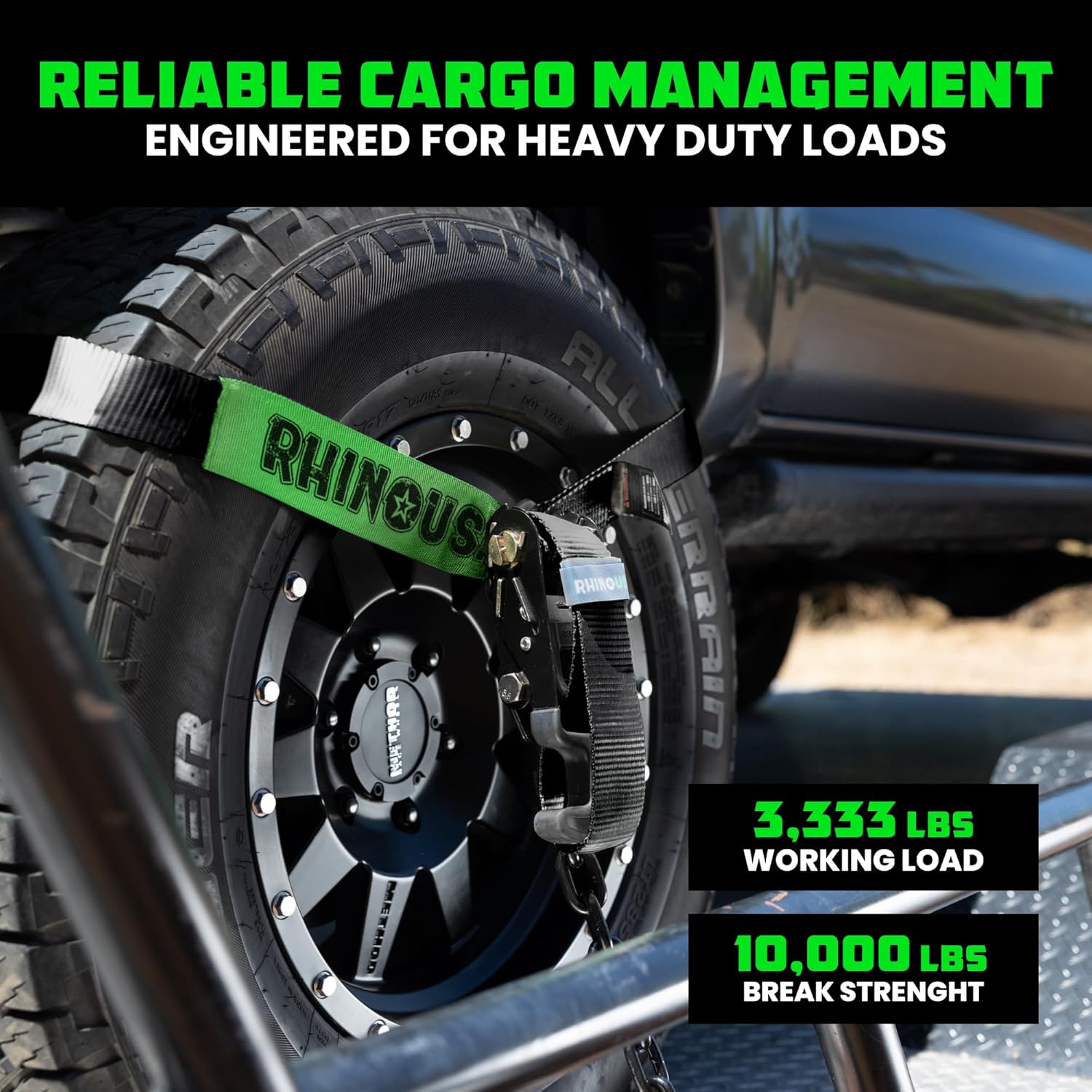 Car Tie Down Straps for Trailers with Flat Hooks (4-Pack) - 2 Inch x 8 Feet (10,000lb Break Strength) - Heavy Duty T-Handle Car Lasso Tire Straps for Trailer & UTV - Black