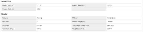 230710 32 in. Polypropylene Folding Sawhorse with Adjustable Metal Legs
