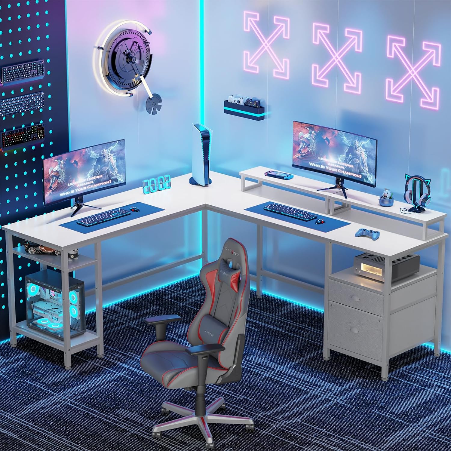 66” L Shaped Desk with Power Outlet, Reversible Computer Gaming Desk with File Drawer & 2 Monitor Stands for Home Office with Storage Shelves, Rustic Brown