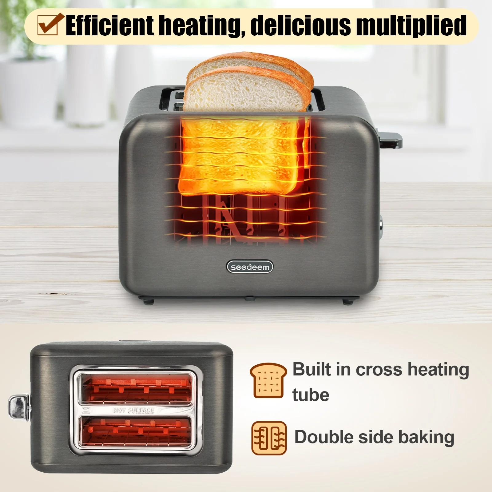 SEEDEEM Toaster 2 Slice, Stainless Steel Toaster with LCD Display