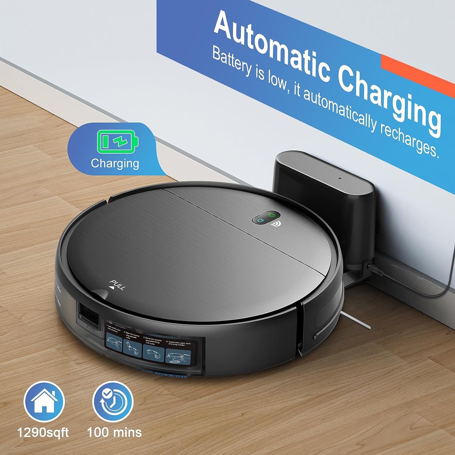 Robot vacuum and mop combo, robot vacuum with schedule, 2-in-1 robot vacuum with water tank and dustbin, self-charging, slim, perfect for hard floors, pet hair, carpets