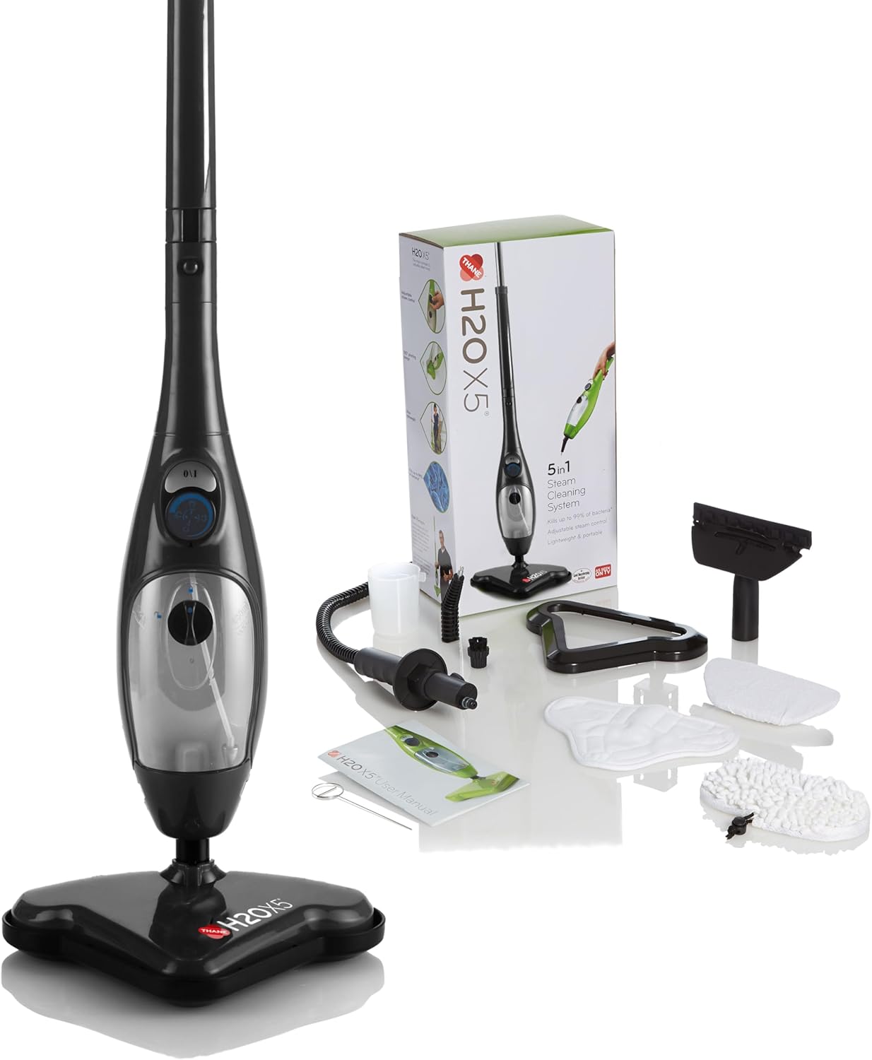 H2O X5+ Dampfwischer und Handdampfreiniger – Multifunktions und Mehrzwecksystem für Bden, Teppiche, Fenster, Polster, Küchen und Badezimmer (Schwarz)