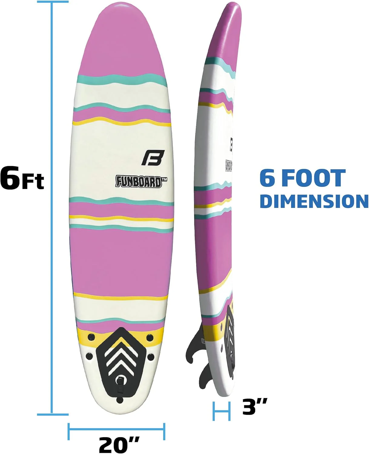 6’ FUNBOARD Surfboard Softboard Foam - Include (3) Fins 6’ Foot Leash and (2) Wood Stringers - Kids and Adults Beginner Intermediate