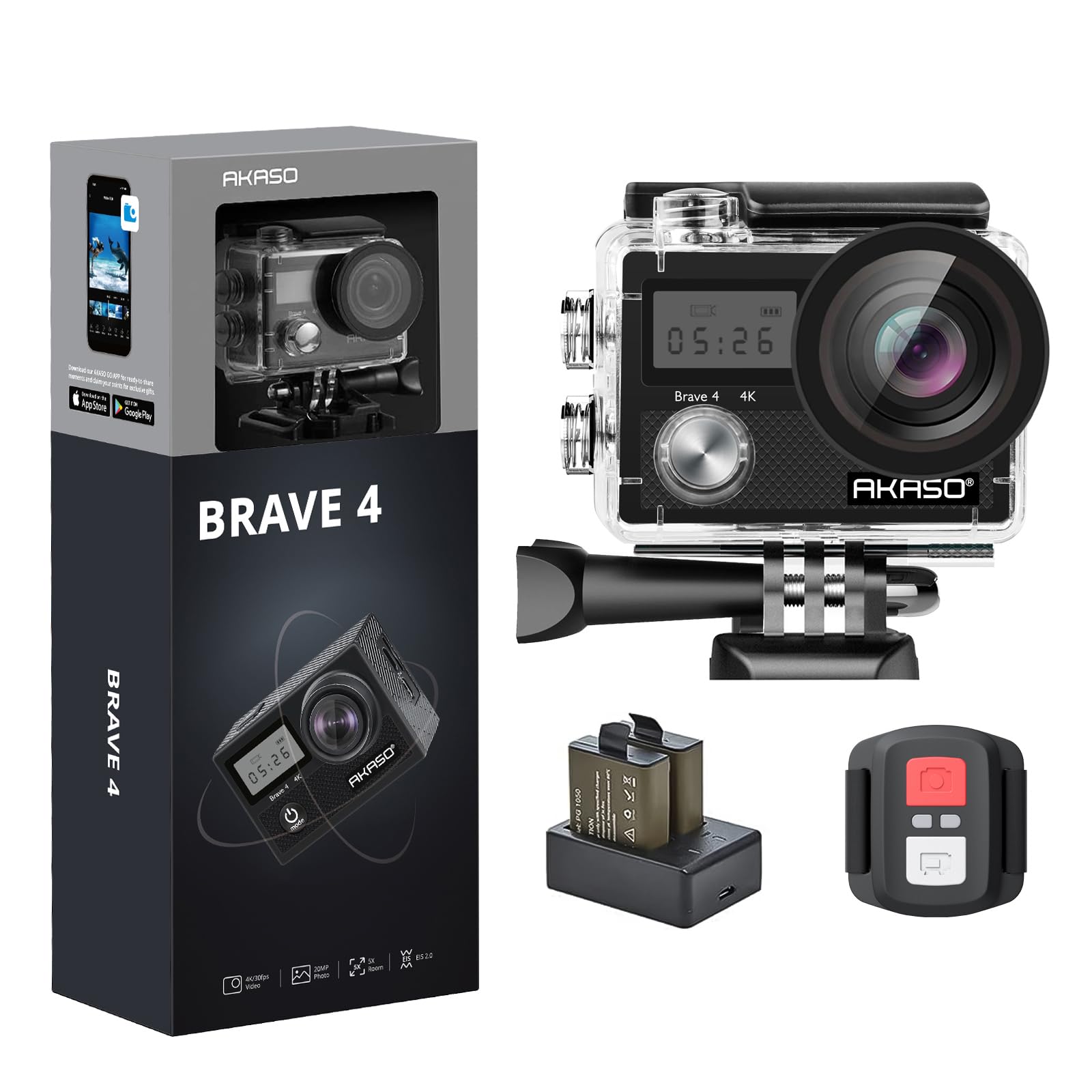 AKASO Brave 4 Action Camera 4K 30fps with 64GB MicroSD U3 Card