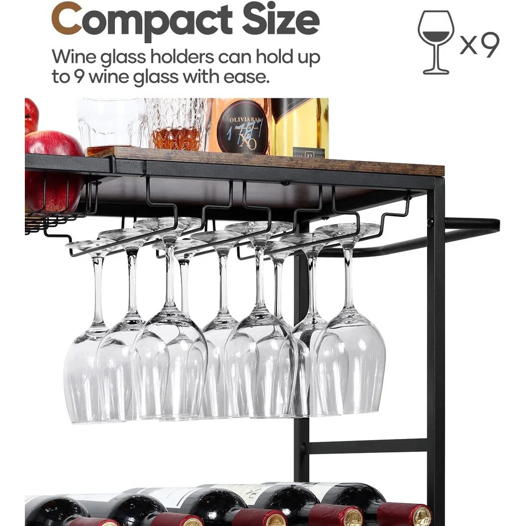 3 Tier Mobile Bar Serving Cart, Rolling Wine Cart with Glass Stemware Rack and Wine Bottle Holders