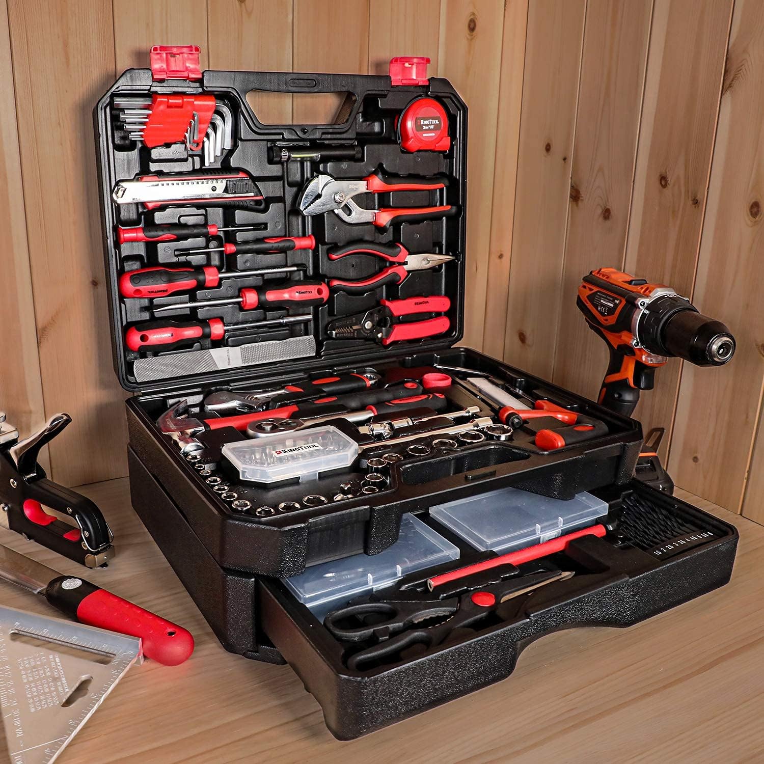 KINGTOOL Home Tool Set Kit - 286 PCS Home Auto Repair Tool Kit with Rolling Tool Box, Mechanic Tool Sets with 21V Max Cordless Power drill, Perfect for Homeowner, Diyer, Handyman