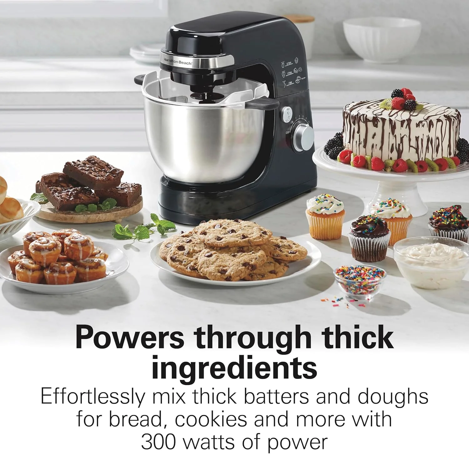 Hamilton Beach Electric Stand Mixer, 4 Quarts, Dough Hook, Flat Beater Attachments, Splash Guard 7 Speeds with Whisk, Black