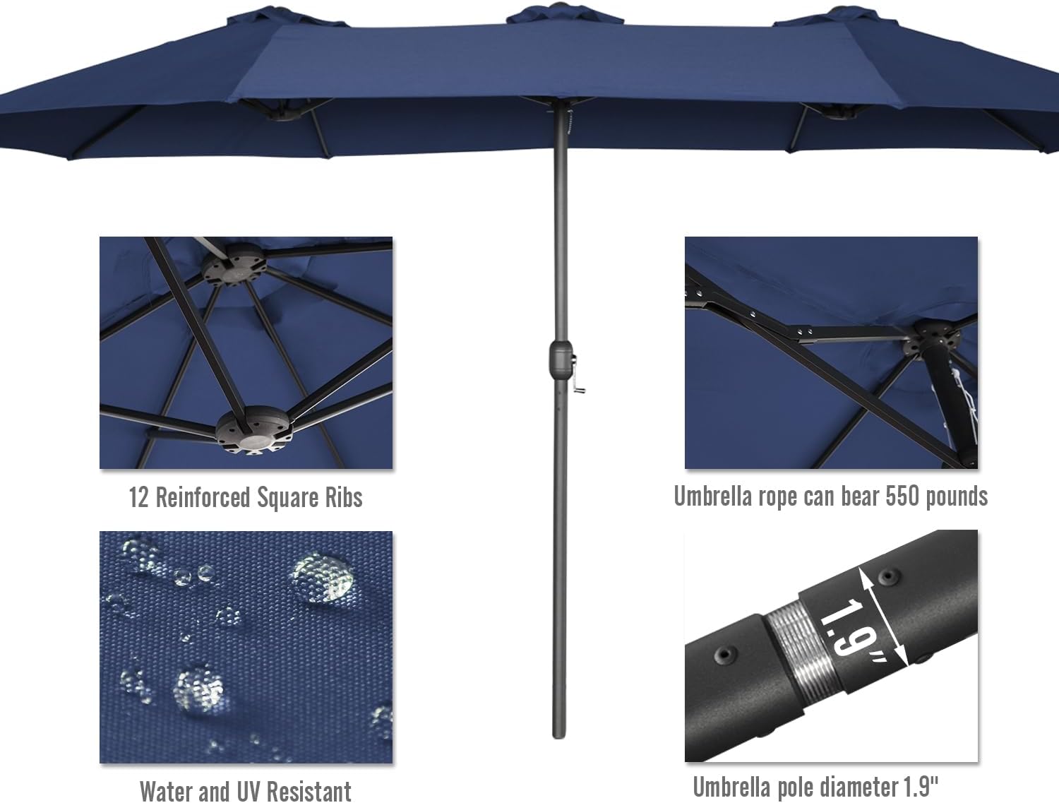 15ft Patio Umbrella with Solar Lights, Large Double Umbrella Outdoor, Rectangle 180''x106'' Umbrellas with 156 PCS LED Lights and Crank Handle for Backyard Deck Pool Shade in Black(1.9