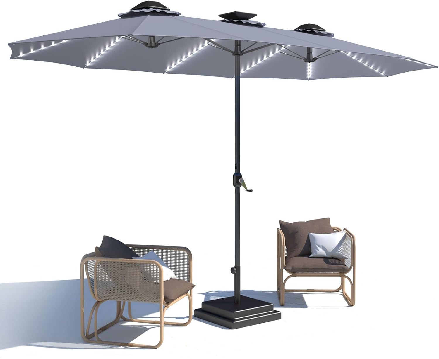 15ft Patio Umbrella with Solar Lights, Large Double Umbrella Outdoor, Rectangle 180''x106'' Umbrellas with 156 PCS LED Lights and Crank Handle for Backyard Deck Pool Shade in Black(1.9