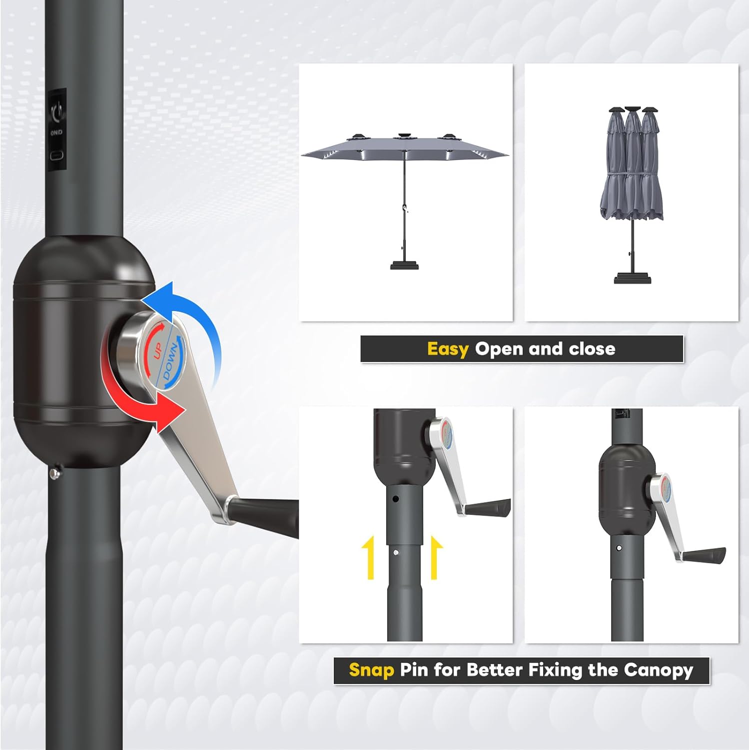 15ft Patio Umbrella with Solar Lights, Large Double Umbrella Outdoor, Rectangle 180''x106'' Umbrellas with 156 PCS LED Lights and Crank Handle for Backyard Deck Pool Shade in Black(1.9