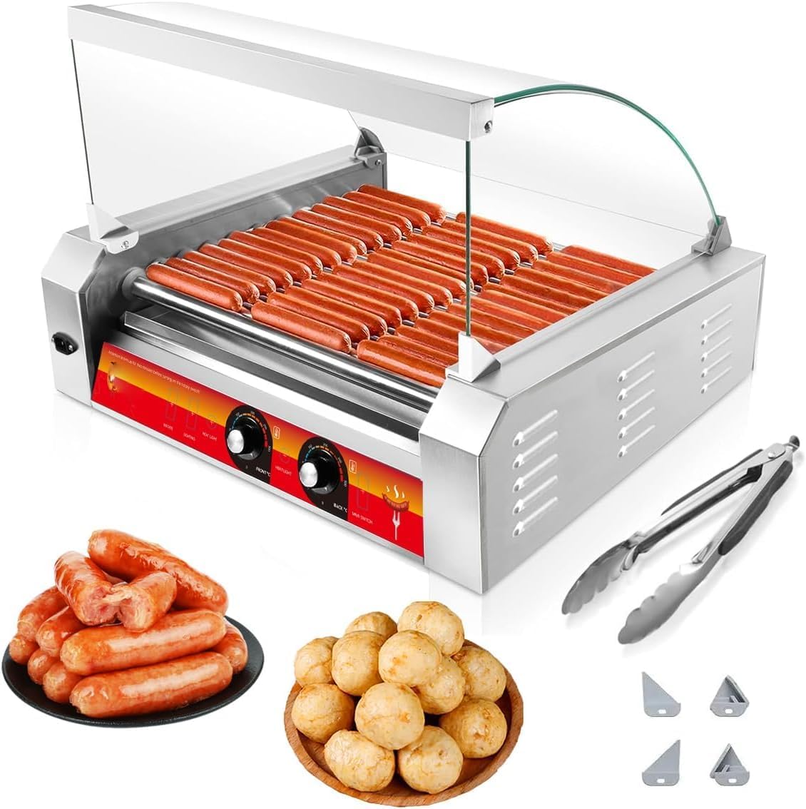 1670W Commercial Hot Dog Rollers,11 Rollers 30 Hotdog Roller Grill,Stainless Steel Hot Dog Machine With Dust Cover,Hot Dog Roller Machine With Dual Temp Control And Led Light/Detachable Drip Tray