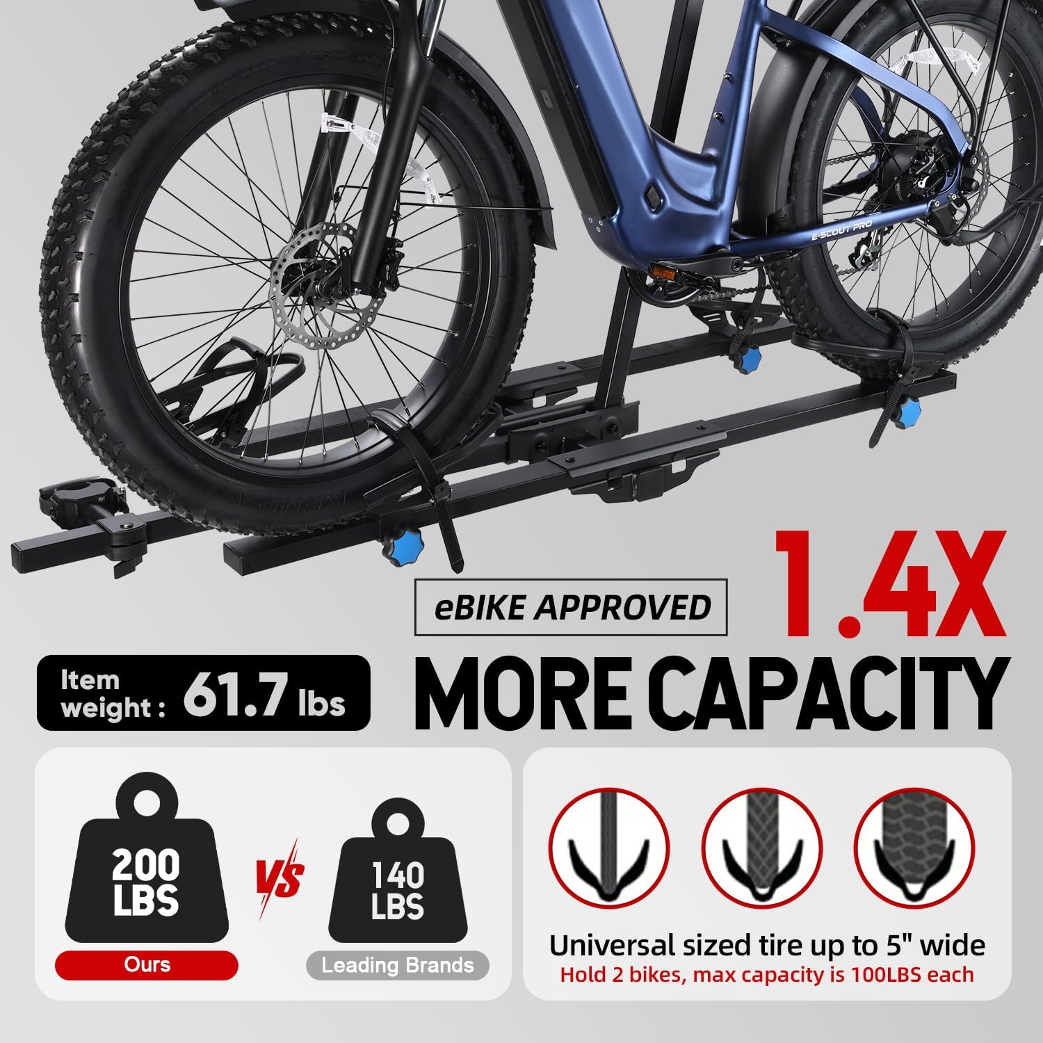 Cyberrack E2 Hitch Ebike Rack with Ramp, 200 Lbs Capacity