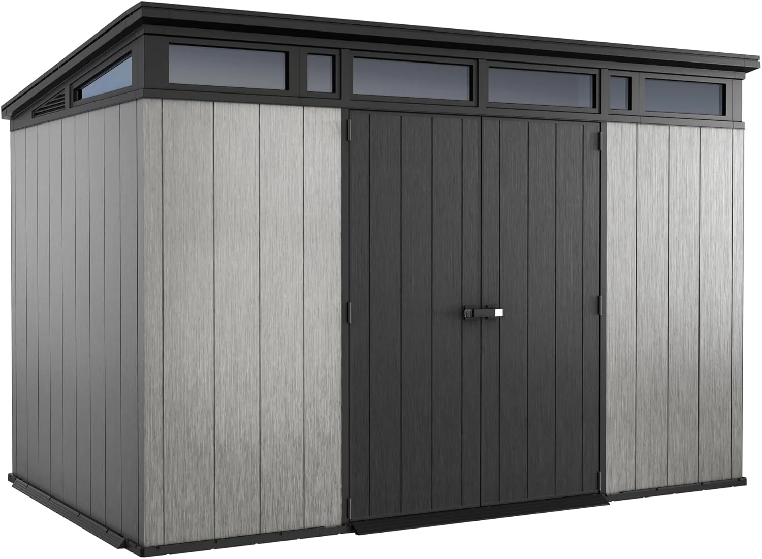 11x7 Modern Resin Outdoor Storage Shed Kit-Perfect to Store Patio Furniture, Garden Tools Bike Accessories, Beach Chairs and Lawn Mower, Grey & Black