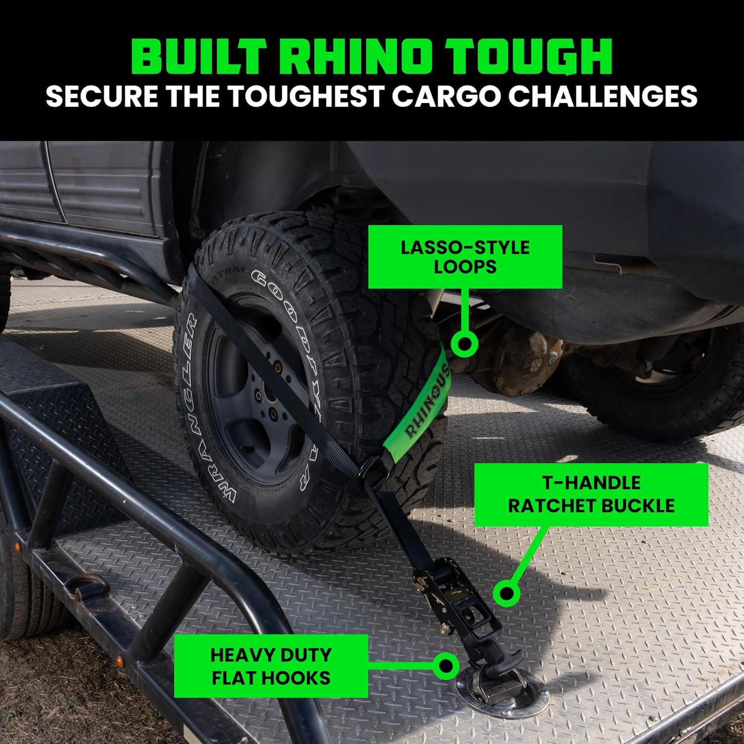 Car Tie Down Straps for Trailers with Flat Hooks (4-Pack) - 2 Inch x 8 Feet (10,000lb Break Strength) - Heavy Duty T-Handle Car Lasso Tire Straps for Trailer & UTV - Black