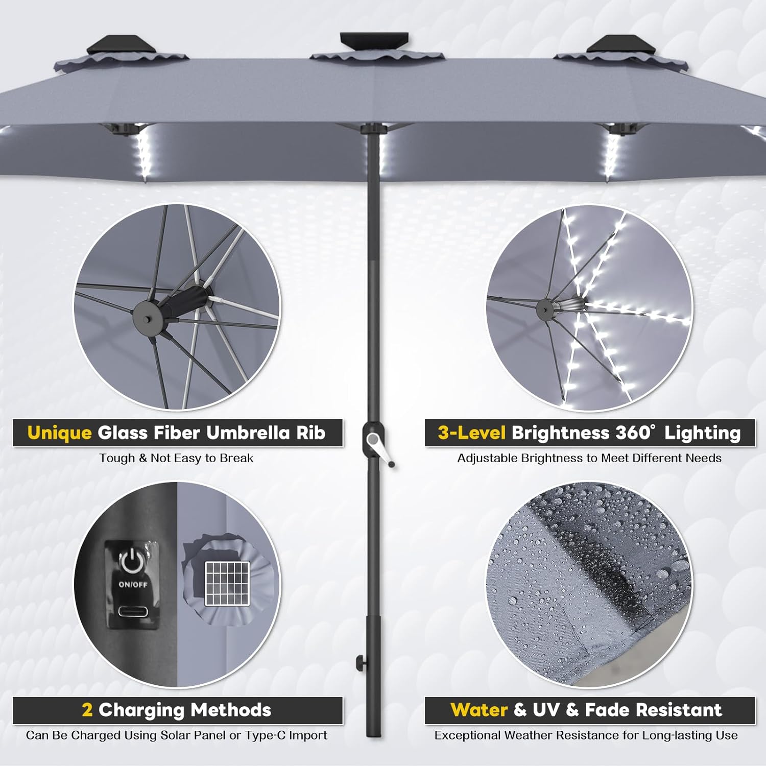 15ft Patio Umbrella with Solar Lights, Large Double Umbrella Outdoor, Rectangle 180''x106'' Umbrellas with 156 PCS LED Lights and Crank Handle for Backyard Deck Pool Shade in Black(1.9