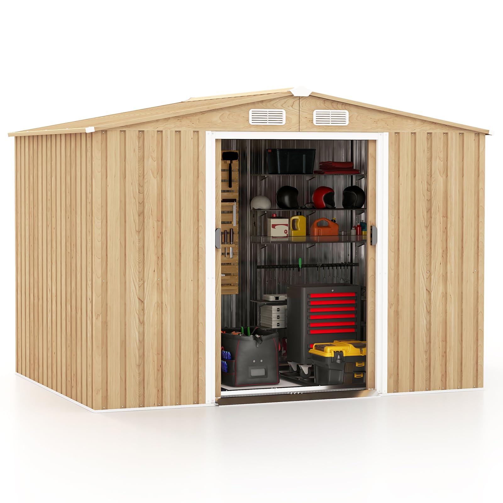 8' x 6' Woodgrain Outdoor Storage Shed, Galvanized Metal House Organizer w/Base Floor, 4 Vents