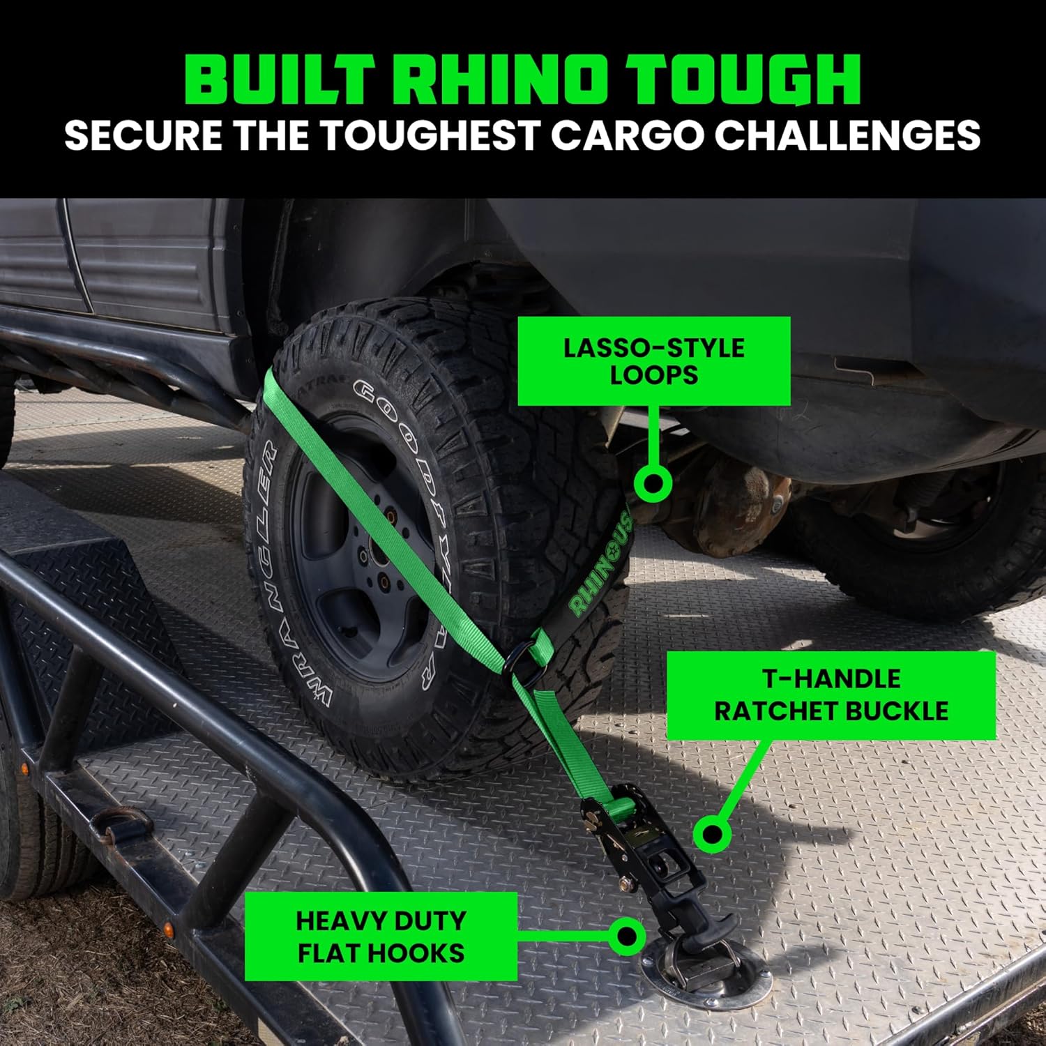 Car Tie Down Straps for Trailers with Flat Hooks (4-Pack) - 2 Inch x 8 Feet (10,000lb Break Strength) - Heavy Duty T-Handle Car Lasso Tire Straps for Trailer & UTV - Black