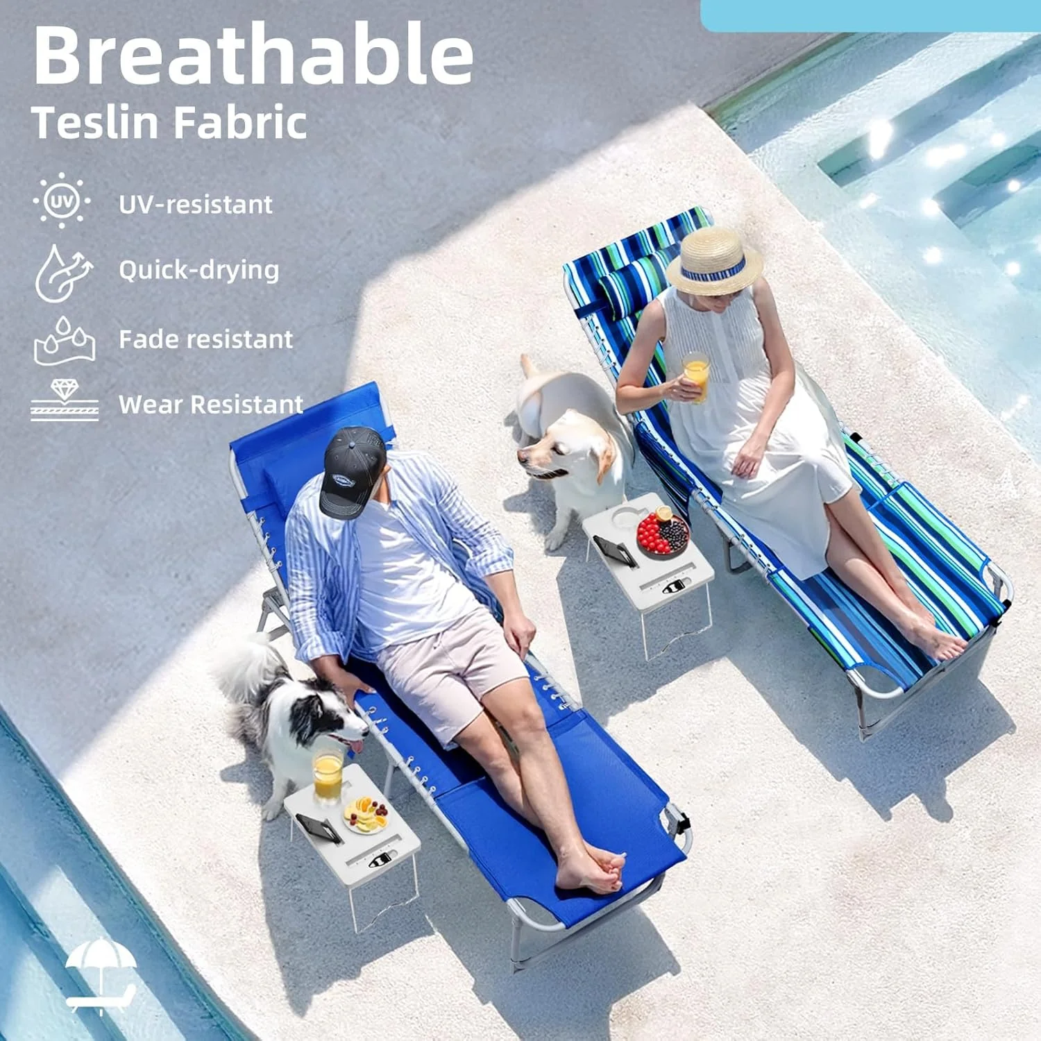 3-in-1 Outdoor Sun Tanning Lounge Chair with Face Hole – 5-Position Recliner, Folding Side Table & Removable Pillow, 330lbs Capacity, Blue