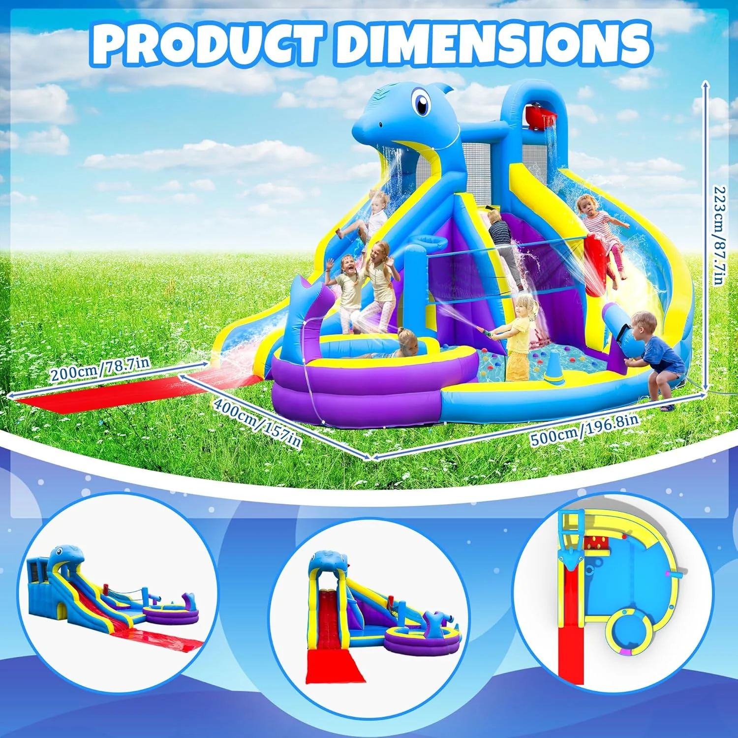 11-in-1 Inflatable Water Slide & Dolphin Bounce House w/2 Long Slides, 19.7 Ft x 13.1 Ft Extra Large Waterslide Climbing Wall w/Small Deeper Pool,Water Cannons,Hoop for Kids Backyard,550W Blower