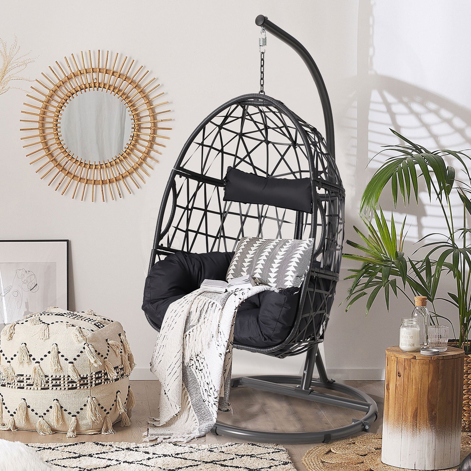 Egg Chair with Stand Outdoor Patio Wicker Hanging Chair Swing Chair with Cushion