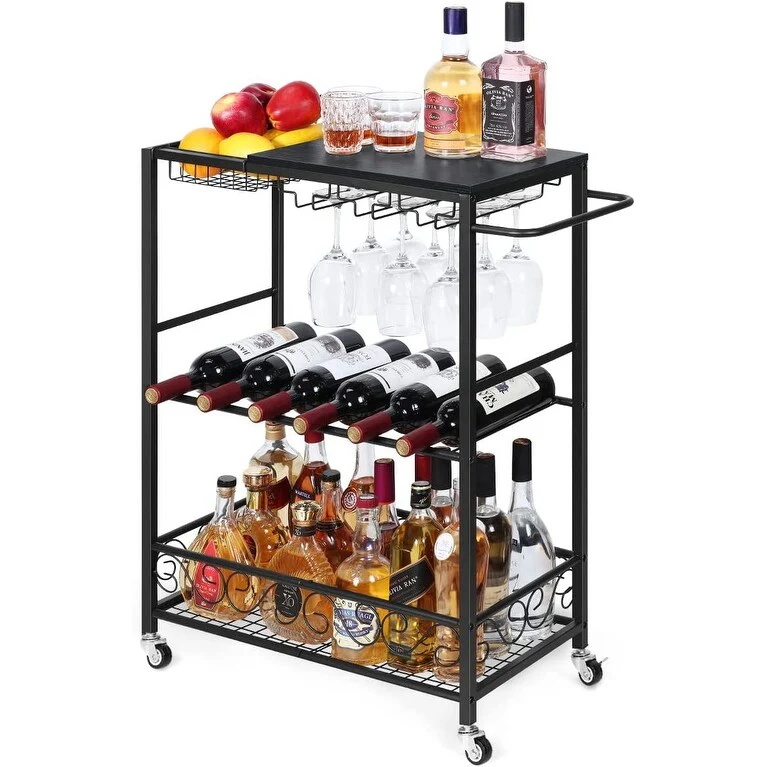 3 Tier Mobile Bar Serving Cart, Rolling Wine Cart with Glass Stemware Rack and Wine Bottle Holders