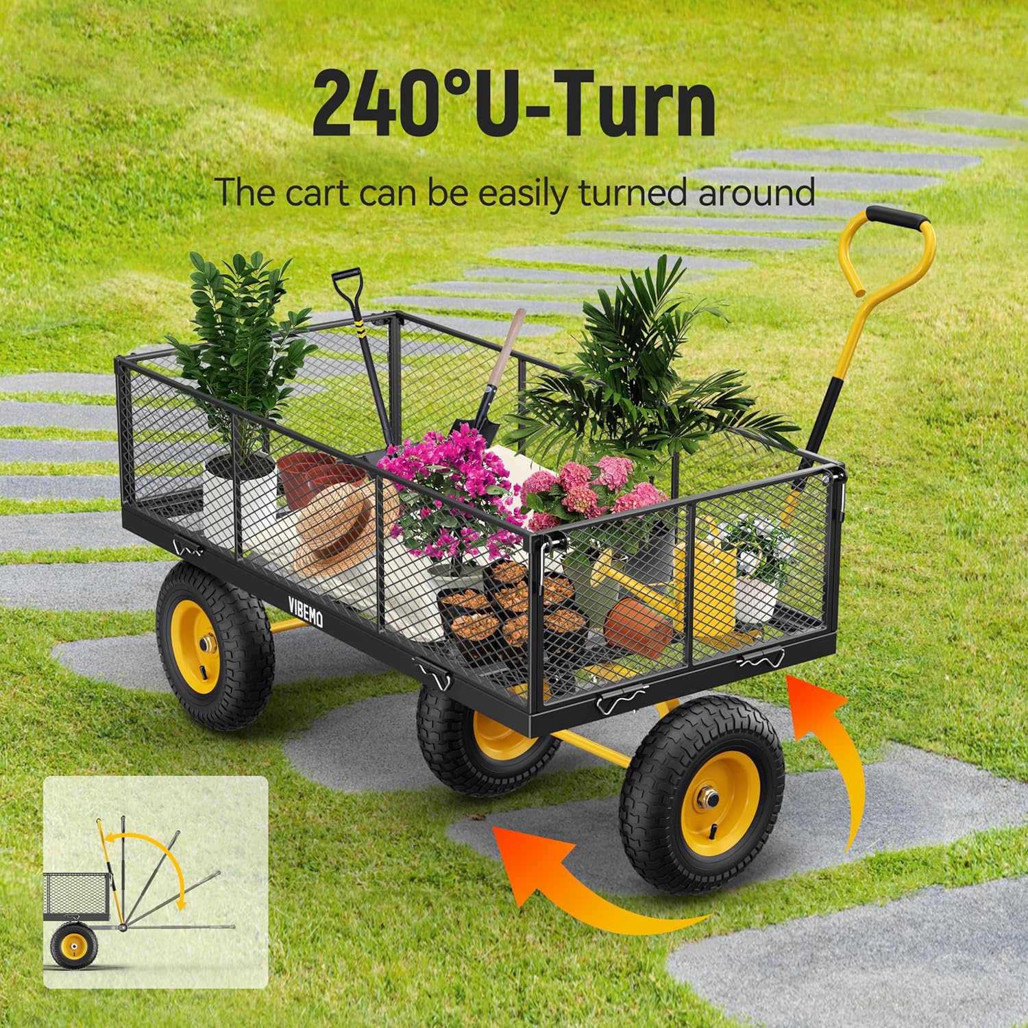 2025 Steel Garden Cart, 2-in-1 1400 lbs Heavy Duty Utility Wagon, with Removable Mesh Sides to Convert into Flatbed, 240° U-Turn 13" Pneumatic Tires Garden Wagon for Farm Yard Lawn Garden Camping