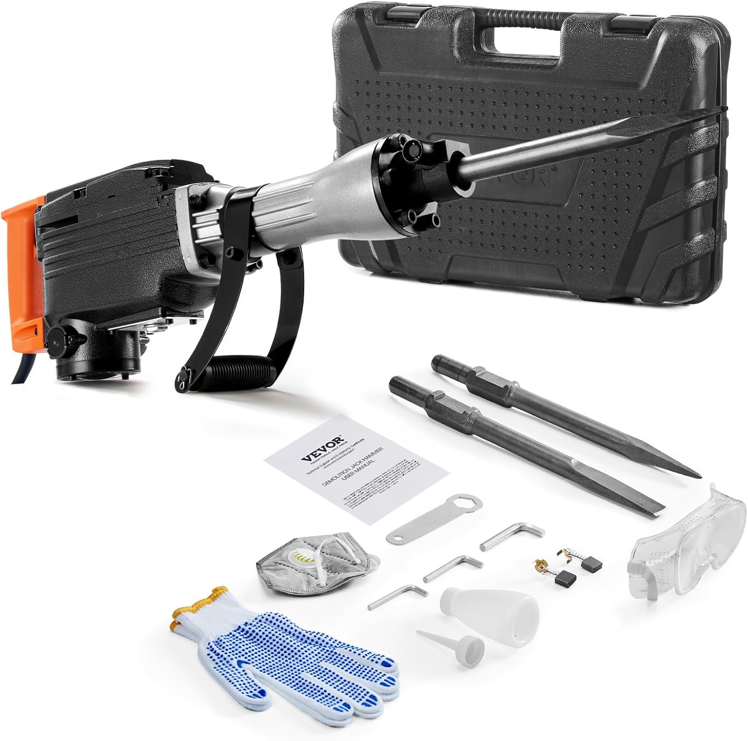 Demolition Jack Hammer, 1350 BPM Concrete Breaker 6pcs Chisels Bit Chipping with Case, 2200W Electric Jackhammer Heavy Duty, Black