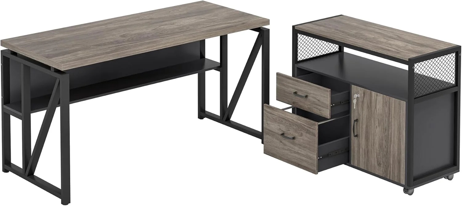 \L Shaped Desk with Drawer Cabinet, 63