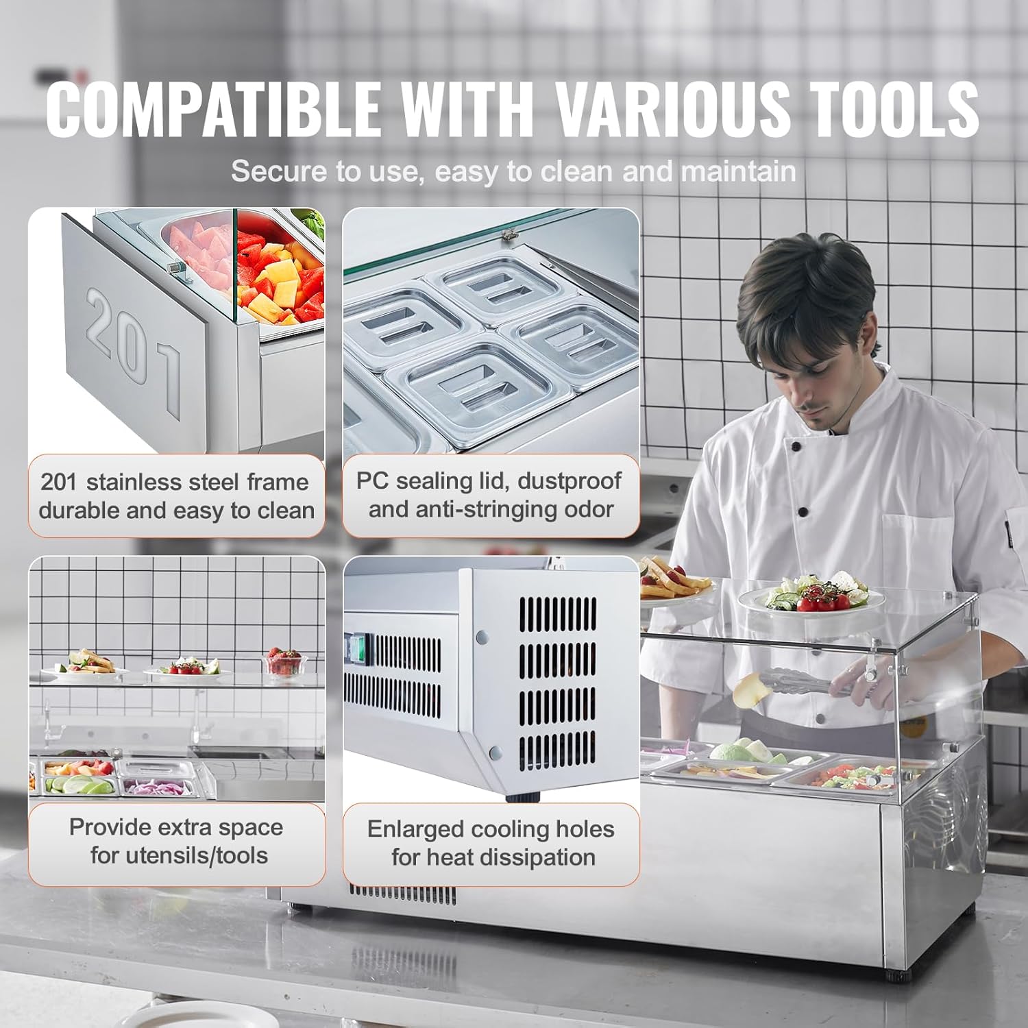 Refrigerated Condiment Prep Station, 135 W Countertop Refrigerated Condiment Station, with 2 1/3 Pans & 4 1/6 Pans, 304 Stainless Body and PC Lid, Sandwich Prep Table with Stainless Guard, ETL