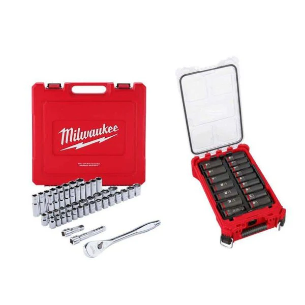 1/2 in. Drive SAE/Metric Ratchet Socket Tool Set 1/2 in. Drive Metric Deep Well PACKOUT Impact Socket Set (63-Piece)