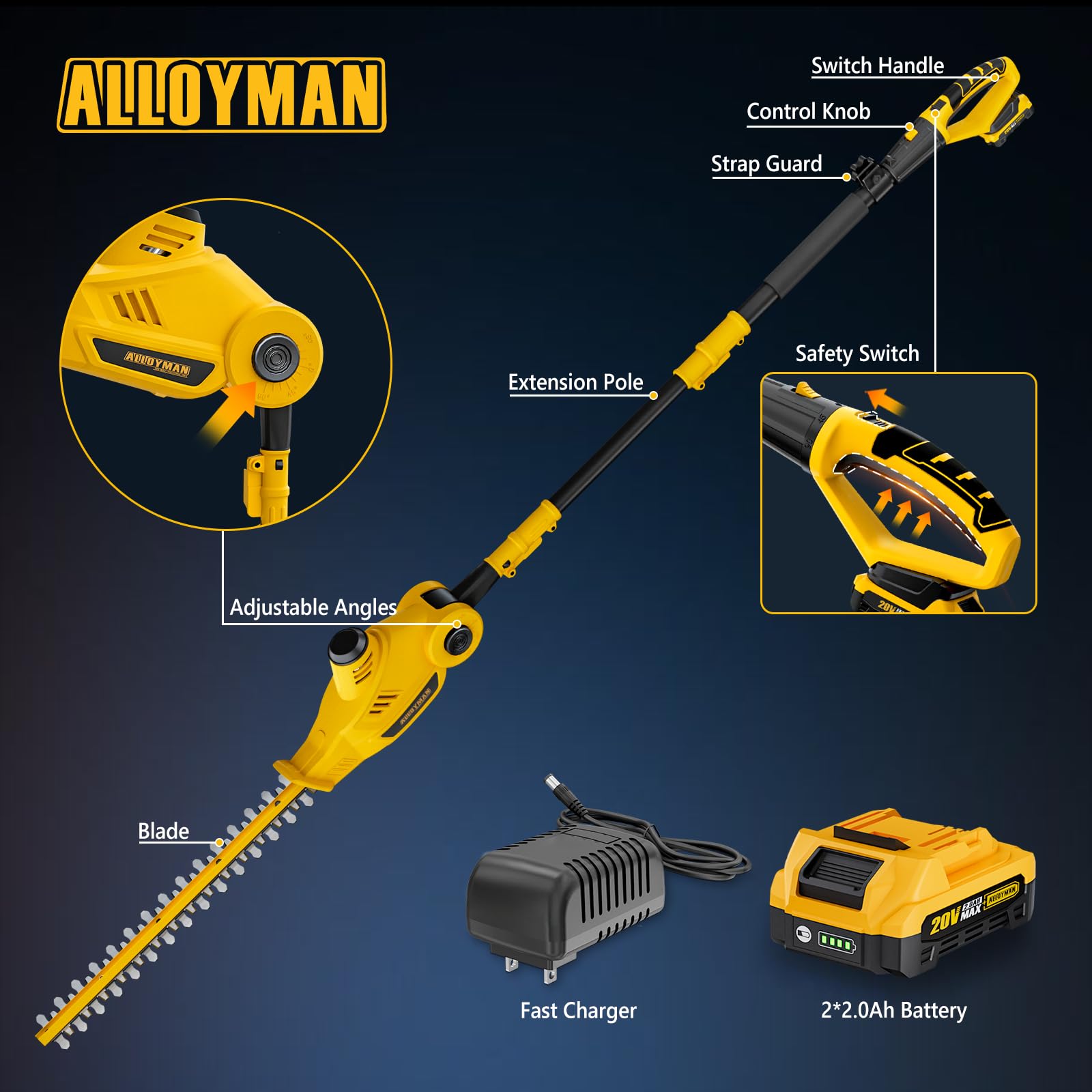 Alloyman 20V MAX Pole Hedge Trimmer with 2 Packs 2.0Ah Batteries & Charger