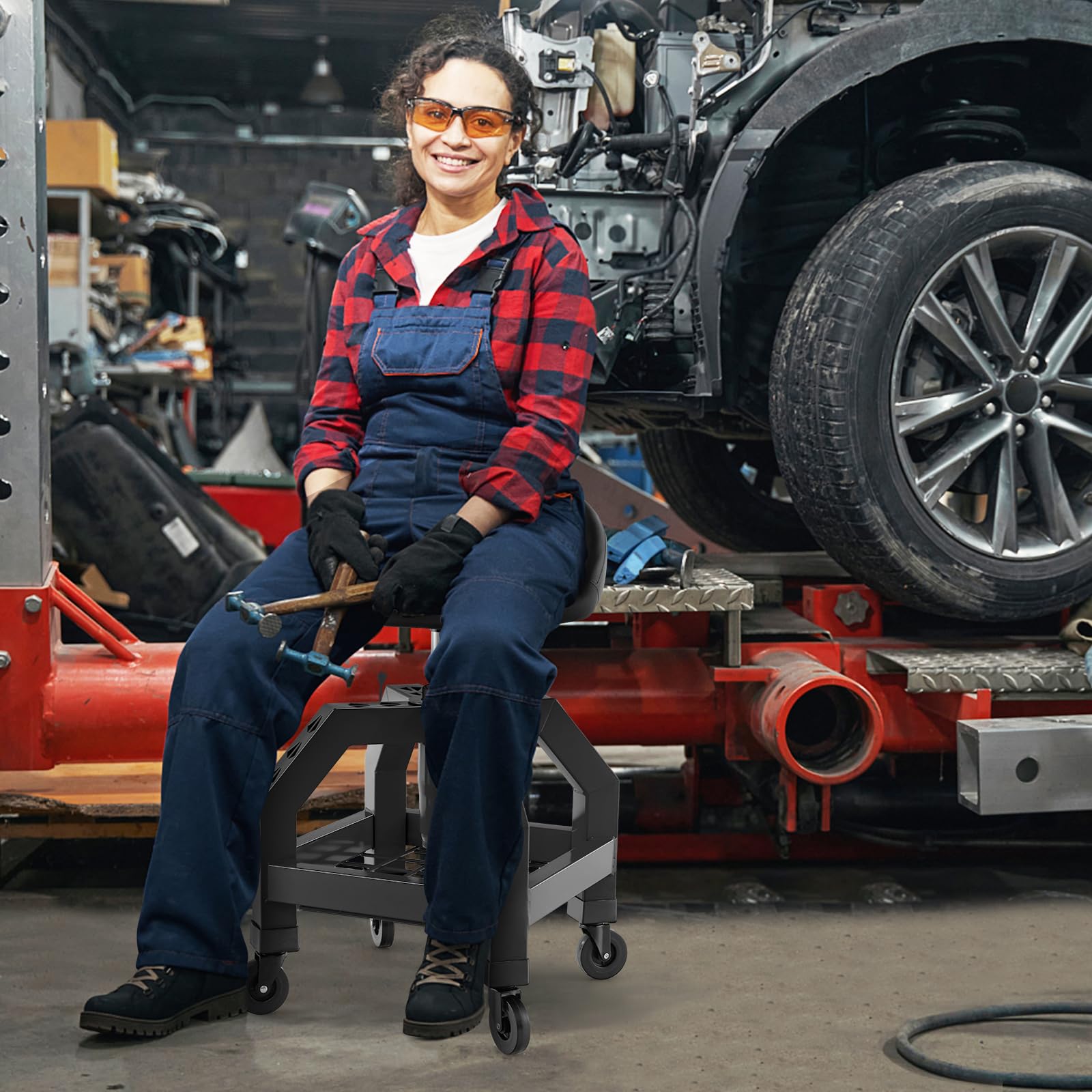 2025 Mechanic Stool with Wheels, Adjustable Height Swivel Shop Stool Roller Seat with Tool Tray