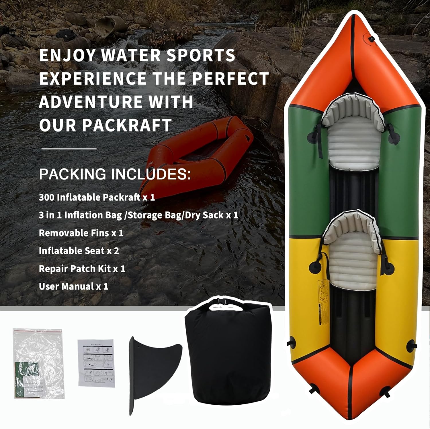 Lightweight Packrafts, TPU Inflatable Kayak for Flat Water Rafting Camping Trip/Fishing/Water Adventures 1 Person/2 Person Packraft, 330lb/660lb Weight Capacity