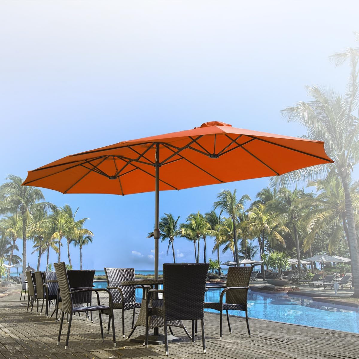15ft Patio Umbrella with Solar Lights, Large Double Umbrella Outdoor, Rectangle 180''x106'' Umbrellas with 156 PCS LED Lights and Crank Handle for Backyard Deck Pool Shade in Black(1.9