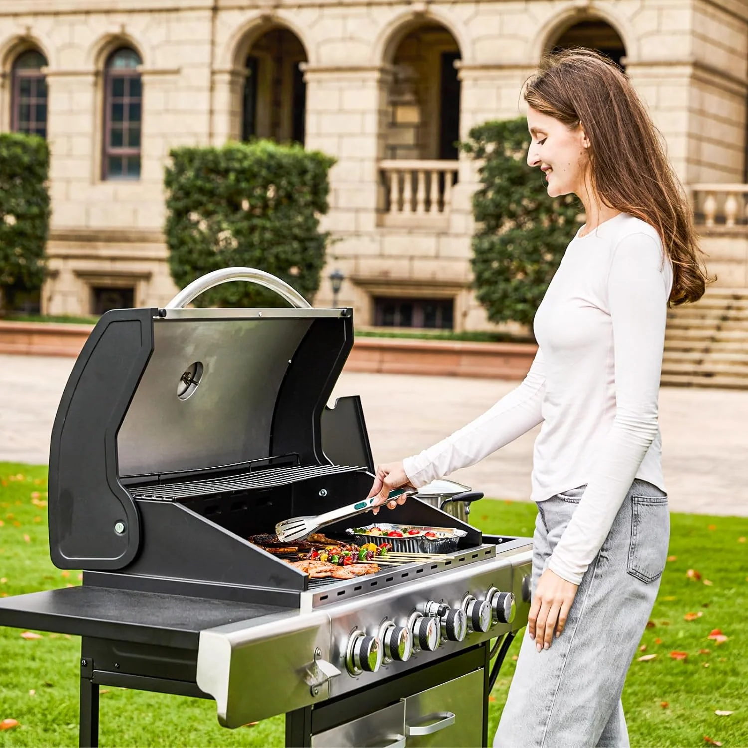 Upgraded 4 Burner BBQ Propane Gas Grill with Cast Iron Grates & Side Stove, 44,000 BTU Stainless Steel Burner Barbecue Grill for Patio, Camping, Outdoor Cooking.