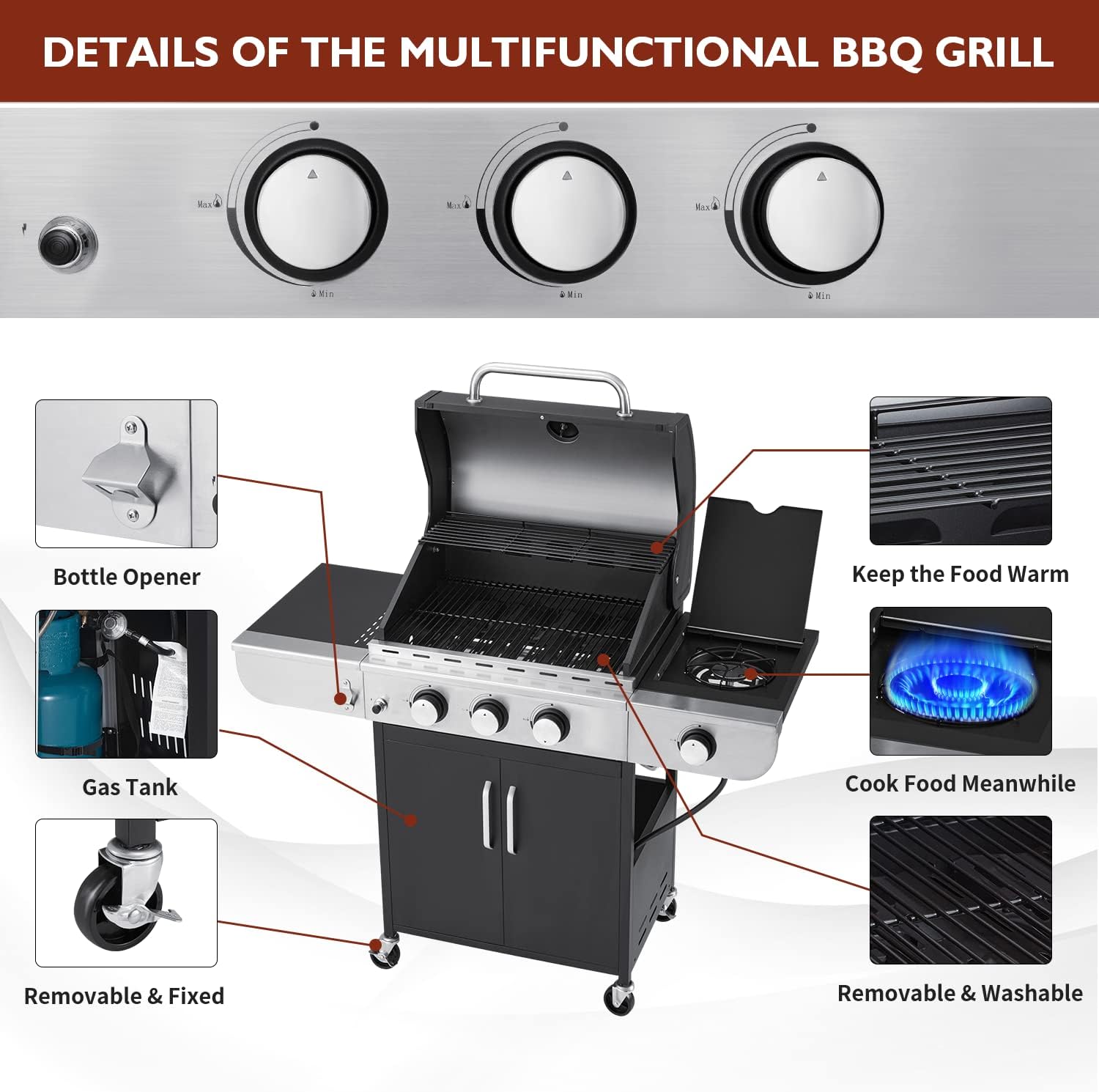 Upgraded 4 Burner BBQ Propane Gas Grill with Cast Iron Grates & Side Stove, 44,000 BTU Stainless Steel Burner Barbecue Grill for Patio, Camping, Outdoor Cooking MELLCOM