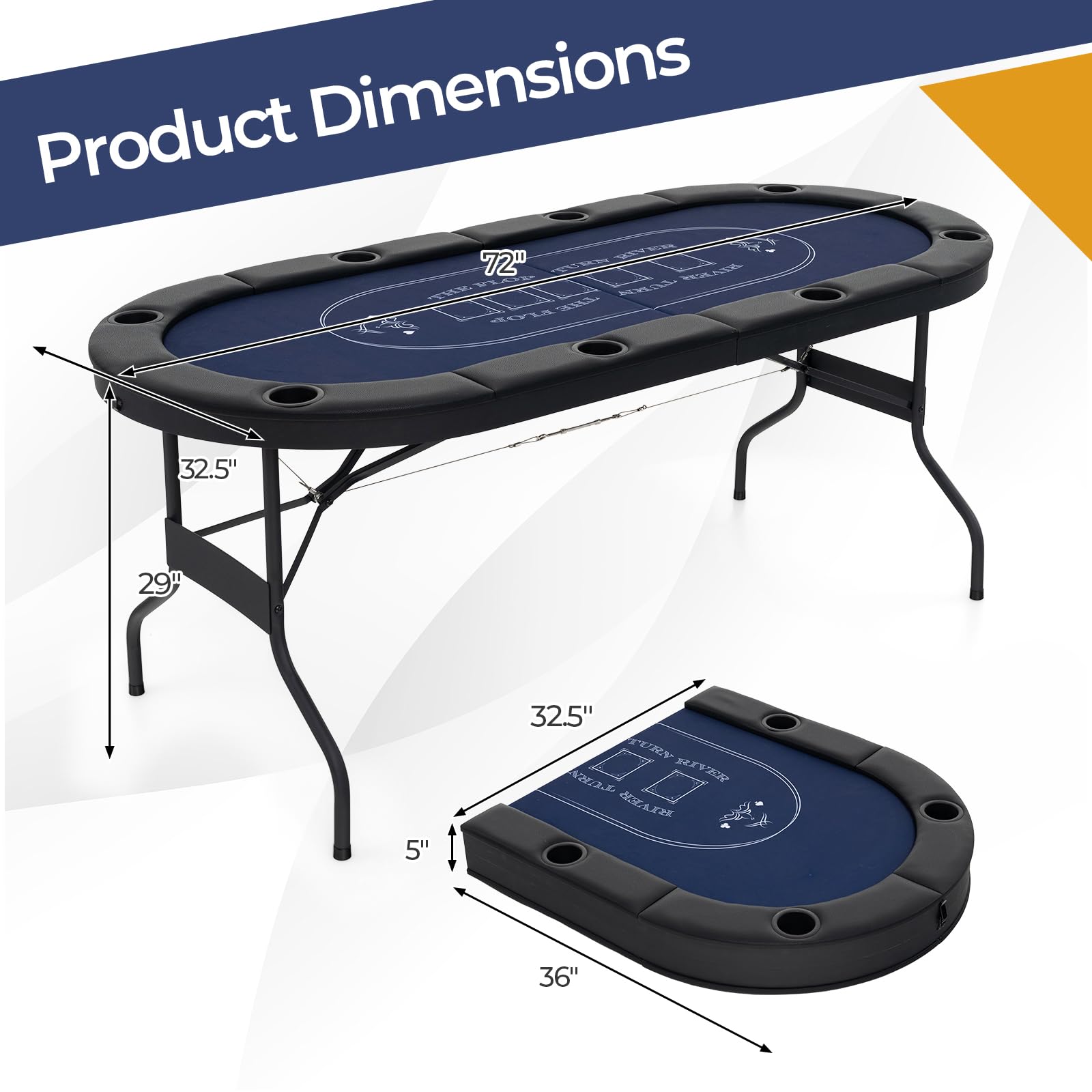 72” Poker Table Foldable, 8 Players Card Board Game Table w/Deep Metal Cup Holders