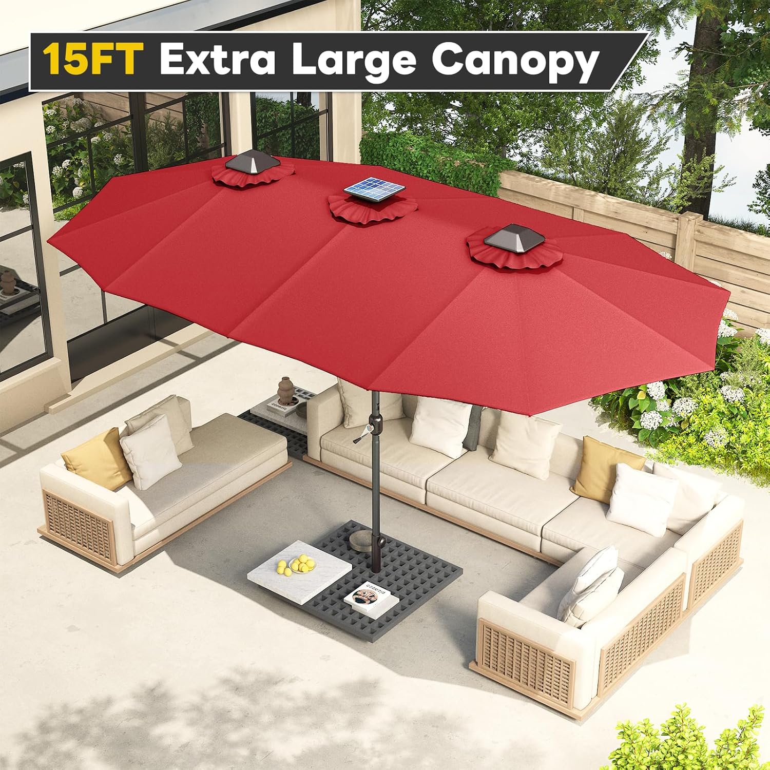 15ft Patio Umbrella with Solar Lights, Large Double Umbrella Outdoor, Rectangle 180''x106'' Umbrellas with 156 PCS LED Lights and Crank Handle for Backyard Deck Pool Shade in Black(1.9