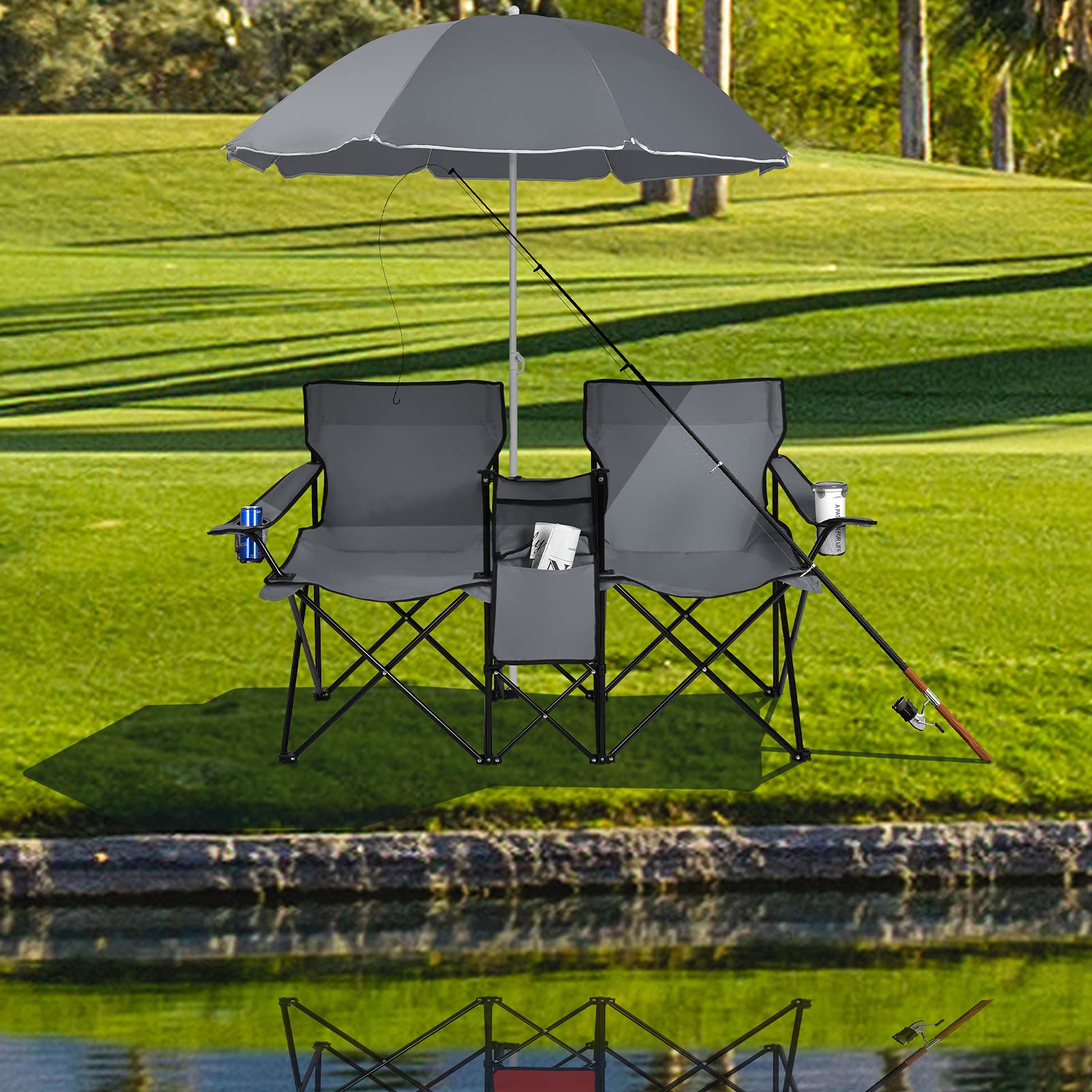 2025 Double Folding Picnic Chairs Umbrella Mini Table Beverage Holder Carrying Bag