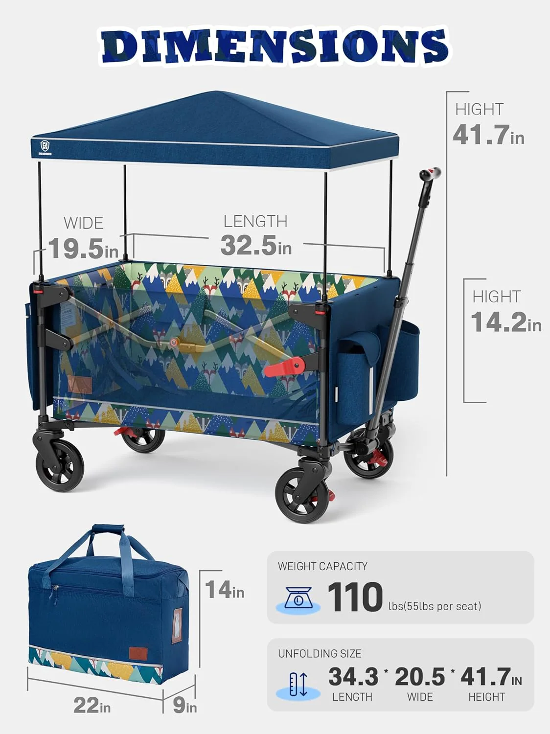 Foldable into Bag Travel Wagon Stroller for 2 Kids & Cargo