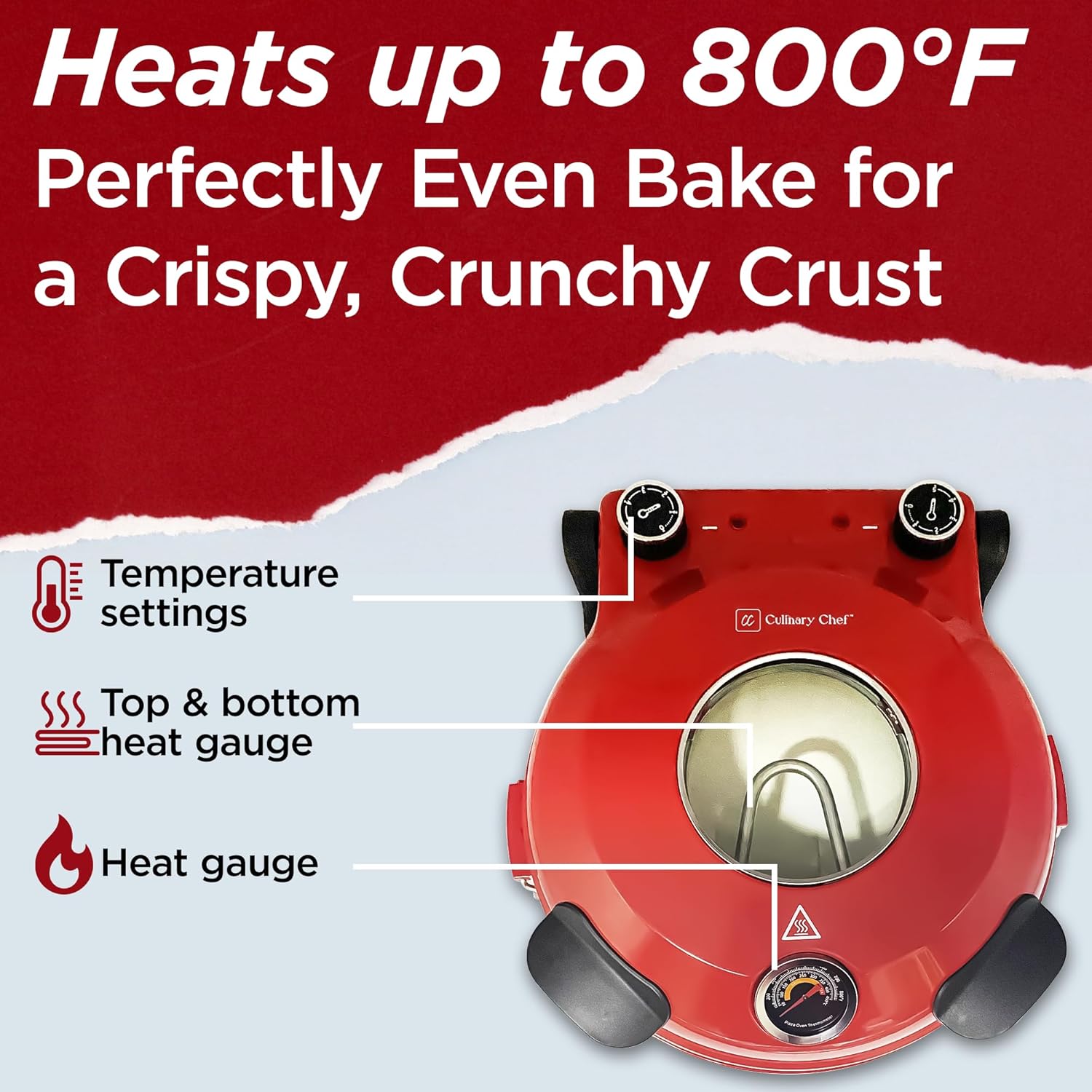 Electric Pizza Oven with Ceramic Stone, Viewing Window, Adjustable Heat Control, Timer and 1200W Baking Power, DIY Homemade Pizzeria, Large 12” Pie Capacity (Black)