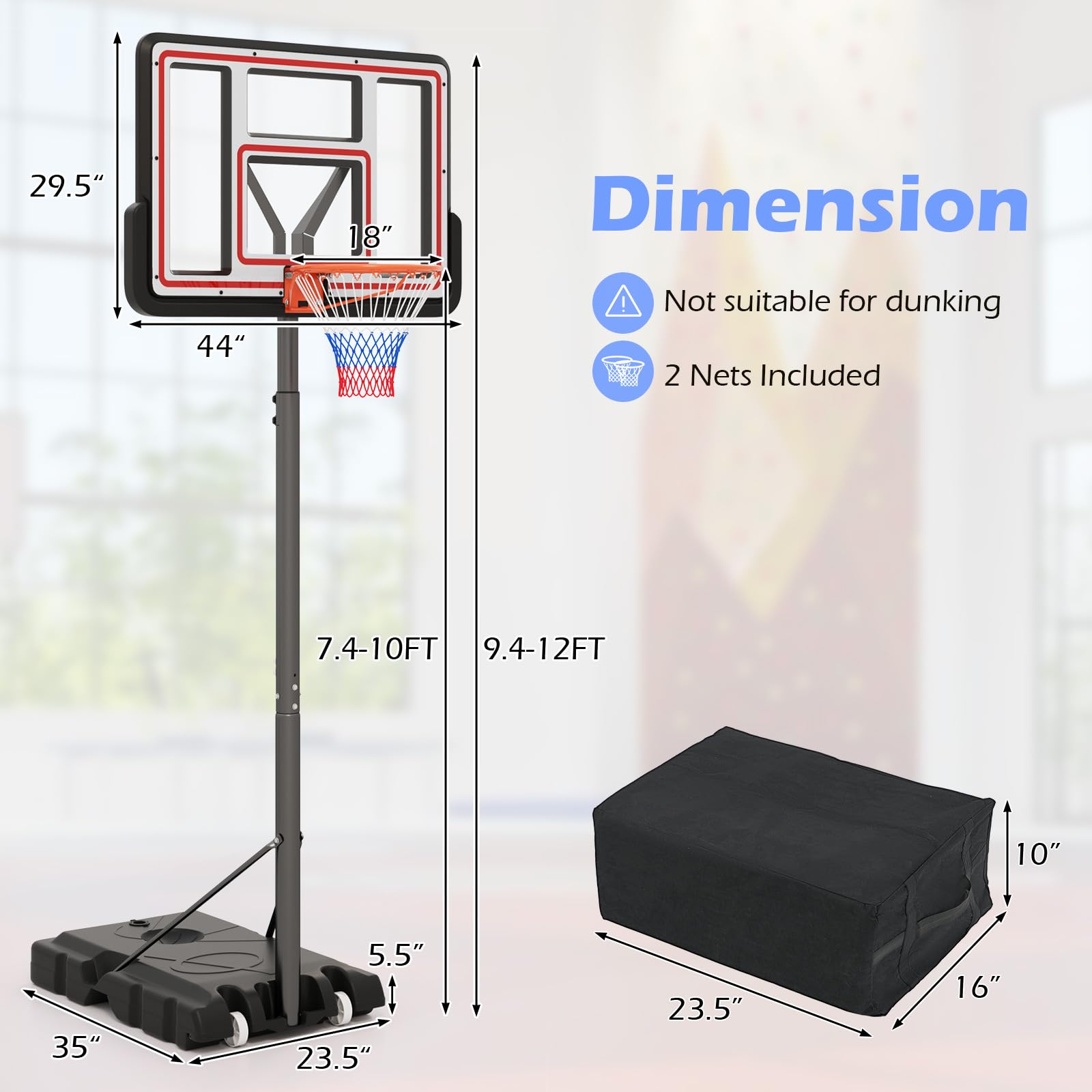 Basketball Hoop Outdoor, 7.4-10FT Quickly Height Adjustable Basketball Goal with 44 Inch Shatterproof PC Backboard